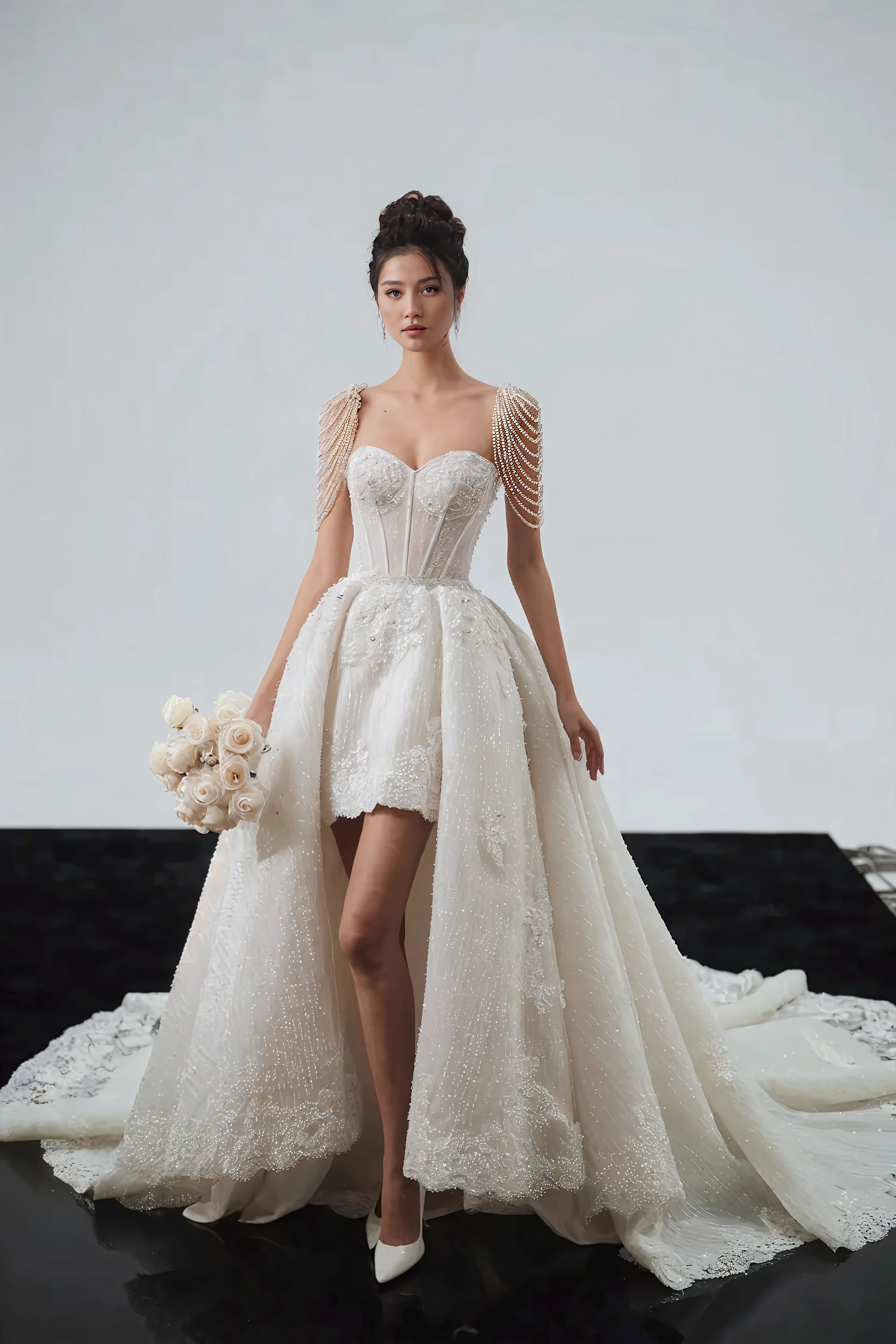 A woman in a wedding dress is posing for a picture - SeaArt AI