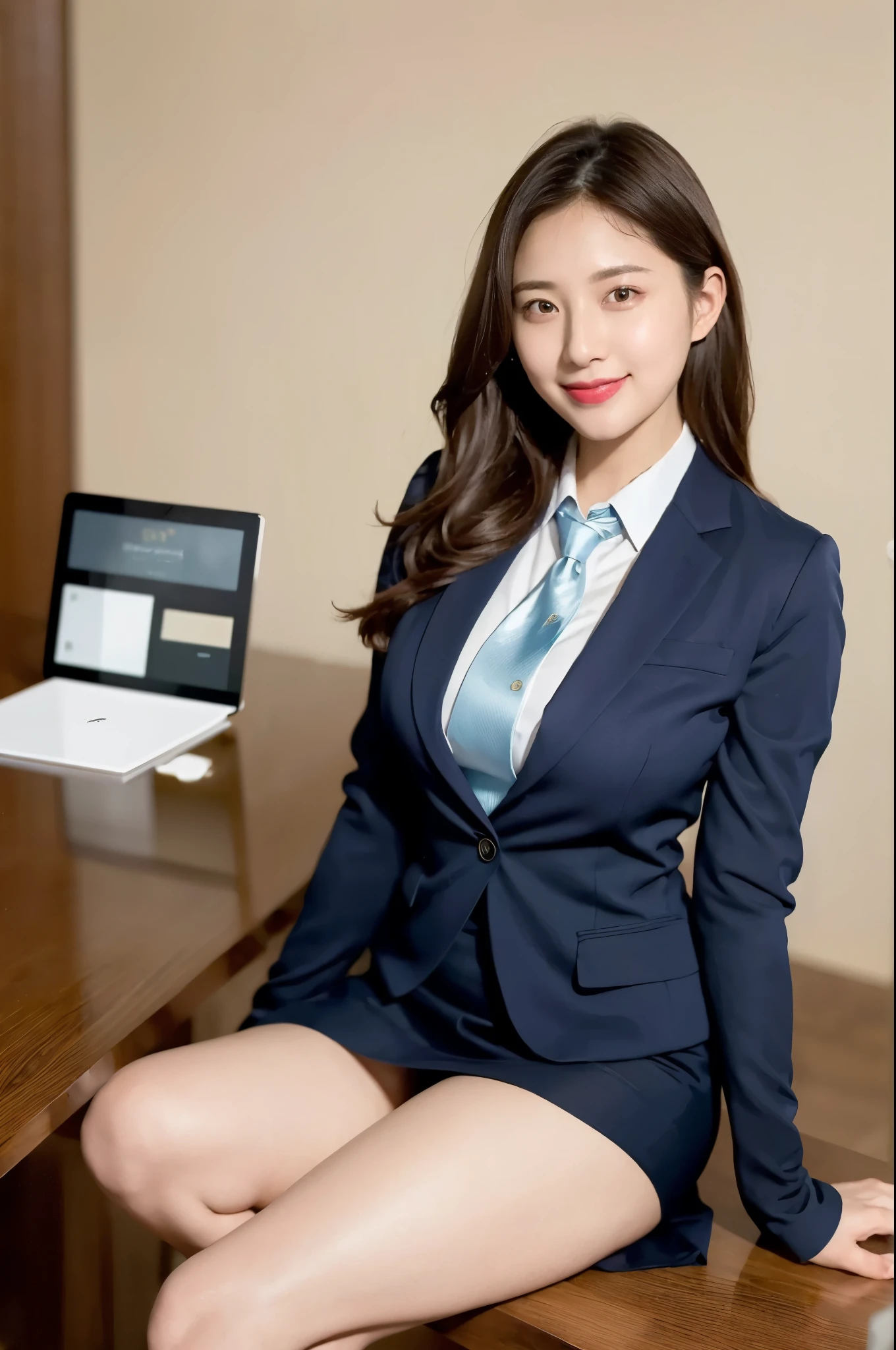 (((masterpiece))), (((Best Quality: 1.4))), ((Super detailed: 1.4)) , Woman in suit working in secretary office, But the suit shirt and tie on the upper body,mesmerizing beauty、pencil skirt、Super realistic stockings、Skirts and tights、A hardWorking and capable beautiful secretary、Work, Under the table, You can see her legs in pantyhose sitting on the chair、Live action movie stills, Complete equipment, With the magic tablet, side pose, [ real photos ]!!, 認真Work, sloth, elegant appearance, Grin、feeling of love、
