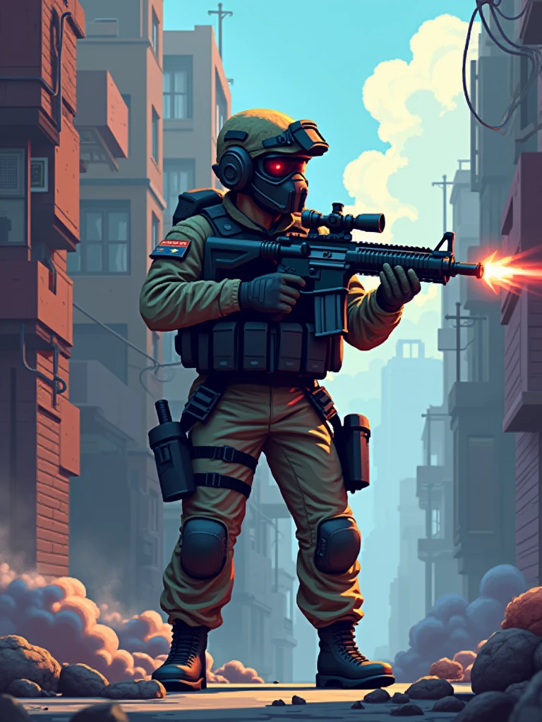 a pixel art video game scene, a SWAT soldier in combat uniform, firing an assault rifle with pixelated muzzle flashes, detailed combat gear including helmet, body armor, tactical gloves, urban environment with blocky pixelated buildings, debris, smoke, low-resolution textures, gritty immersive atmosphere, retro-styled fluid animations, pixelated lighting effects, side-scroller camera perspective, dynamic colors and textures, classic 2D shooter games, PlayStation One era, best quality,4k,8k,highres,masterpiece:1.2,ultra-detailed,realistic,photorealistic,photo-realistic:1.37,HDR,UHD,studio lighting,ultra-fine painting,sharp focus,physically-based rendering,extreme detail description,professional,vivid colors,bokeh,pixel art,retro,2D,video game,PlayStation One,SWAT,special forces,soldier,combat camouflage,tactical stance,assault rifle,pixelated muzzle flashes,combat gear,helmet,body armor,tactical gloves,urban environment,blocky pixelated buildings,debris,smoke,low-resolution textures,gritty,immersive,retro-styled animations,pixelated lighting,side-scroller,dynamic colors,textures,classic 2D shooter