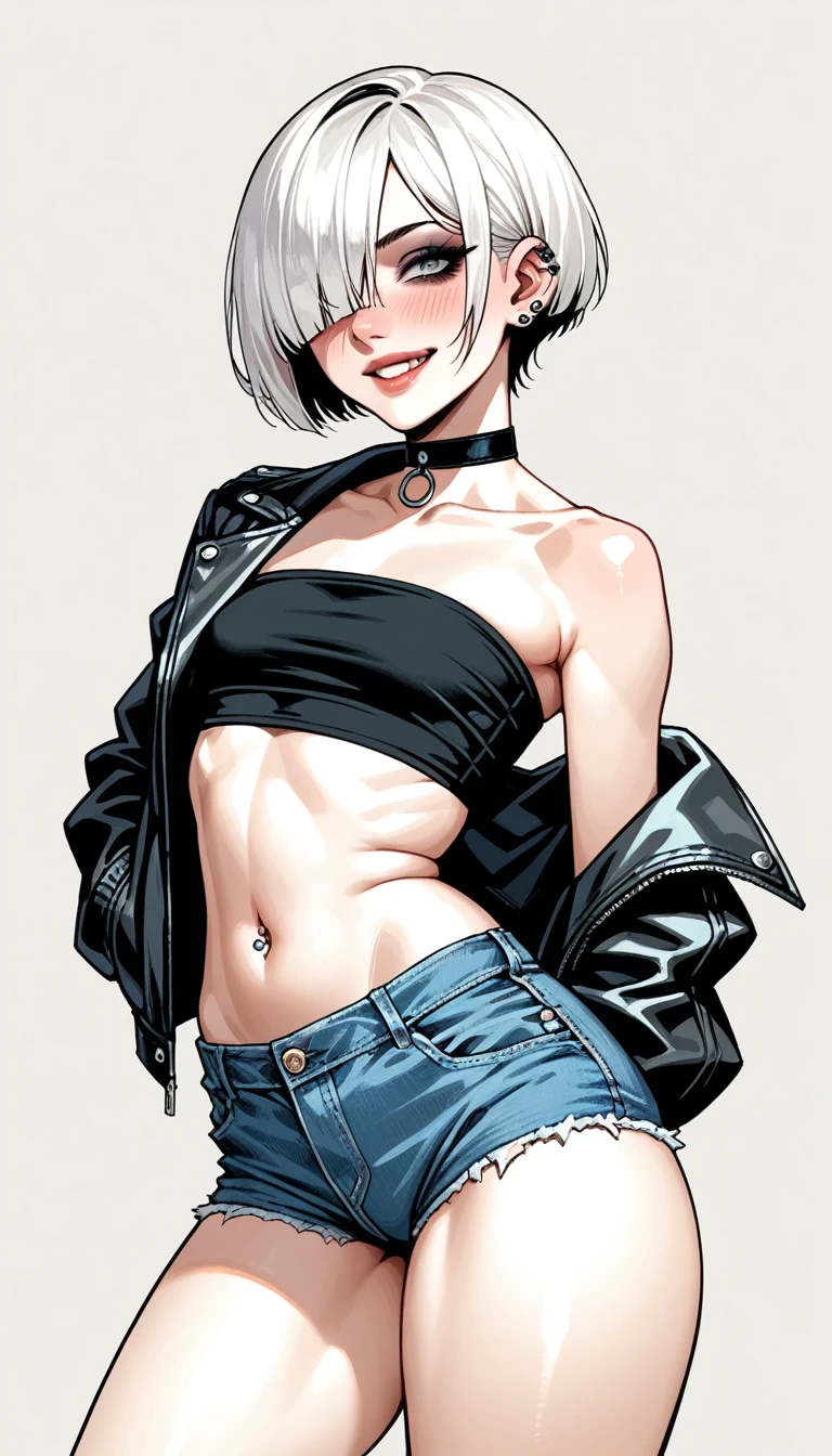 petite Goth girl, piercing, white hair, hair over one eye, tube top, sagging jacket, micro short ripped jeans, navel, small breast, big ass and thighs, choker, view from behind, looking at the camera, walk, put her arms around her boyfriend's arm, naughty smile, blushing, dramatic angle, 