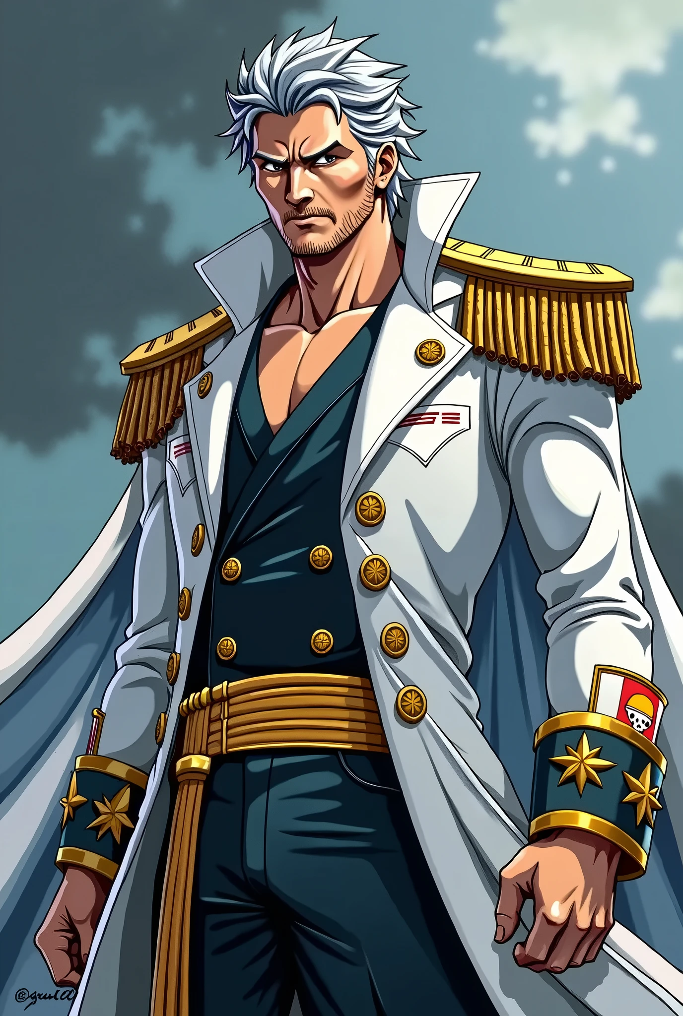 Male anime character 30 years old, navy commander, dark long hair, arms crossed, skull tattoo arms, scar on face, brown eyes, bad face, fit physique, environment Military base,, best shadow, best quality, masterpiece, image cinema, solo, bug removal, navy cover on back, ray tracing, dark skin color, no hat, Pirate style navy command suit, straight posture