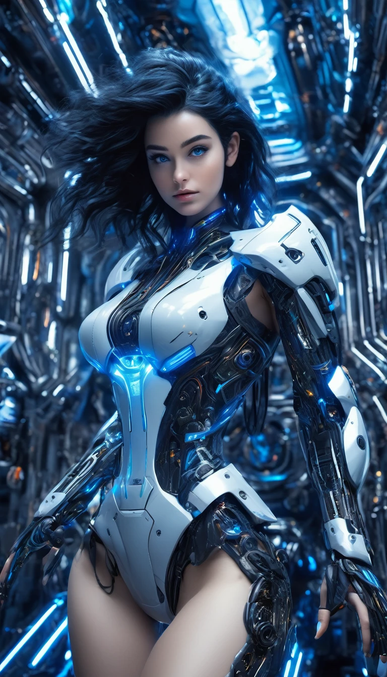 woman, Mechanical Blue Body ，Best Quality, masterpiece, 8k,Futuristic spaceship interior，サイバーブルースーツを着たwoman，Black Hair，blue eyes，Shortcuts, Best Quality, High resolution, , blue eyes, 