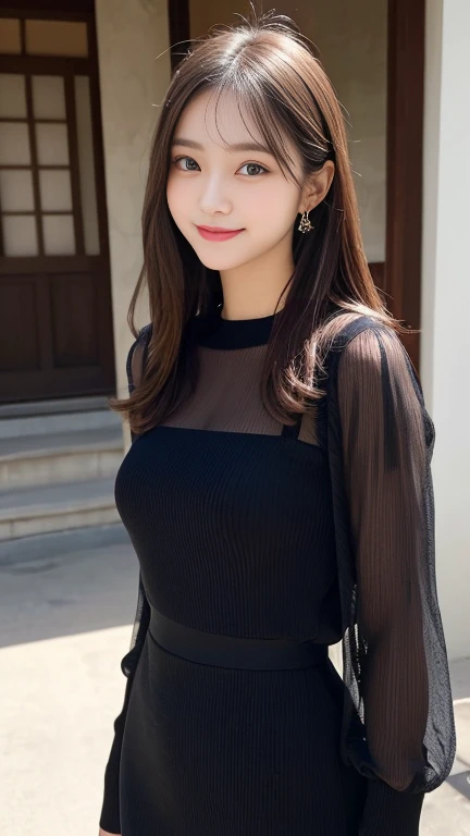 Amazingly large eyes、Smiling expression with white teeth visible、H cup bust、50cm waist、Slender and fair-skinned、Japan woman with long hair、20-year-old、Slim figure、Wearing a pleated skirt and a sheer lace blouse that flutters in the vivid breeze、Wearing high heels。On the runway at a fashion show、Her whole body was shown, from her high heels to her head, as she walked towards the viewer.、Bright, photo-quality images。
