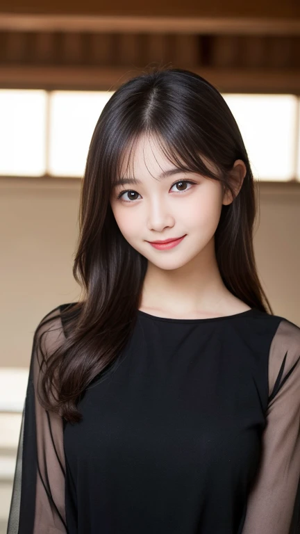 masutepiece, Best Quality, Illustration, Ultra-detailed, finely detail, hight resolution, 8K Wallpaper, Perfect dynamic composition, Beautiful detailed eyes, black long sleeve knit dress,Straight hair,Small breasts natural color lip, Randomly sexy poses,Smile,Harajuku、20 years girl、Cute、Sexy shot looking at camera,Perfect and beautiful face