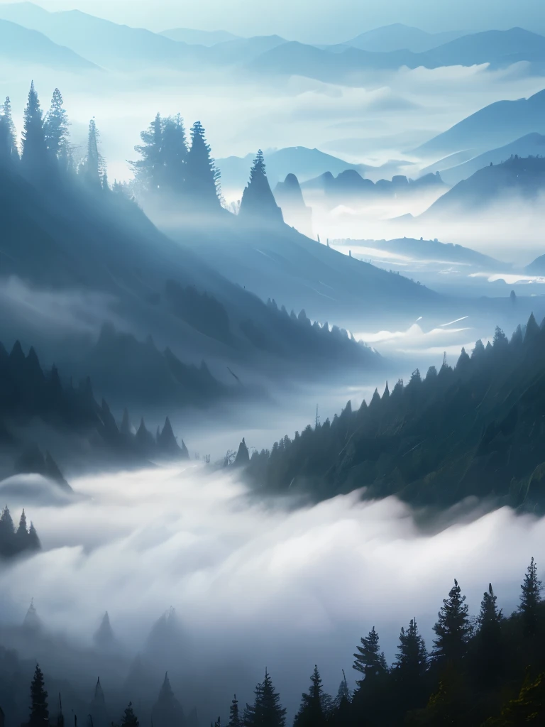 a view of a foggy valley with trees and mountains in the background, a matte painting by Neil Blevins, flickr, romanticism, blankets of fog pockets, misty mountains, extremely beautiful and ethereal, blanket of fog, valley mist, misty forest, mists, mist in valley, rolling fog, fog rolling in, stunning nature in background, misty and foggy, foggy forest