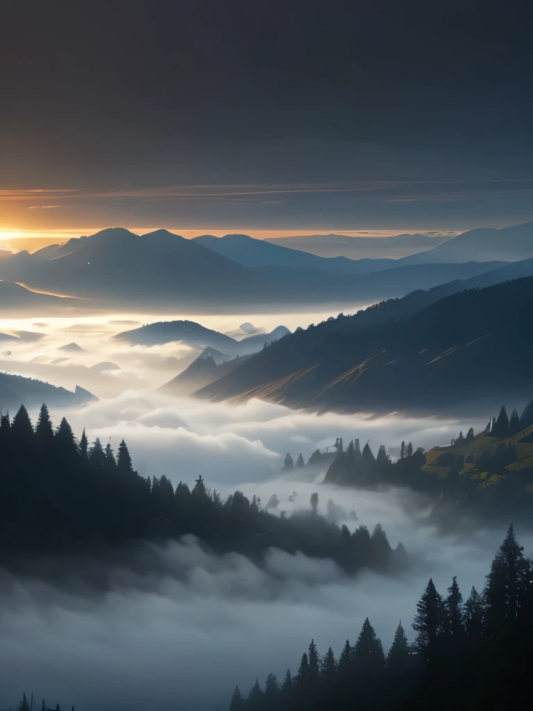 a view of a foggy valley with trees and mountains in the background, a matte painting by Neil Blevins, flickr, romanticism, blankets of fog pockets, misty mountains, extremely beautiful and ethereal, blanket of fog, valley mist, misty forest, mists, mist in valley, rolling fog, fog rolling in, stunning nature in background, misty and foggy, foggy forest