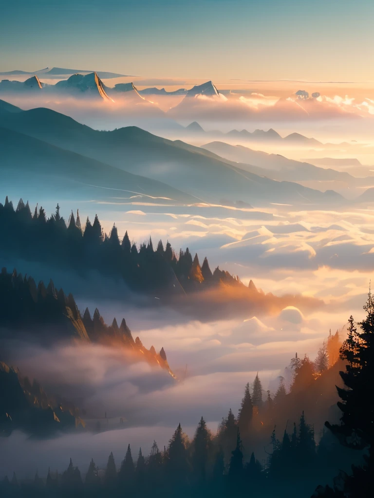 a view of a foggy valley with trees and mountains in the background, a matte painting by Neil Blevins, flickr, romanticism, blankets of fog pockets, misty mountains, extremely beautiful and ethereal, blanket of fog, valley mist, misty forest, mists, mist in valley, rolling fog, fog rolling in, stunning nature in background, misty and foggy, foggy forest