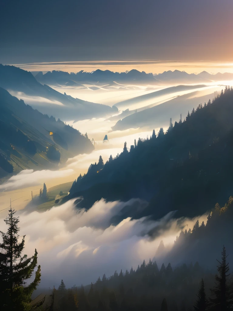 a view of a foggy valley with trees and mountains in the background, a matte painting by Neil Blevins, flickr, romanticism, blankets of fog pockets, misty mountains, extremely beautiful and ethereal, blanket of fog, valley mist, misty forest, mists, mist in valley, rolling fog, fog rolling in, stunning nature in background, misty and foggy, foggy forest