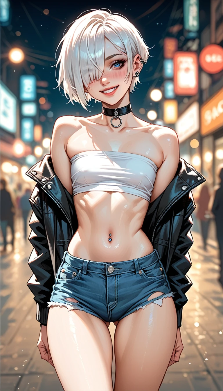 petite Goth girl, piercing, white hair, hair over one eye, tube top, sagging jacket, micro short ripped jeans, navel, small breast, big ass and thighs, choker, view from behind, looking at the camera, walk, arms around her boyfriend's arm, naughty smile, blushing, dramatic angle, blurry background, bokeh