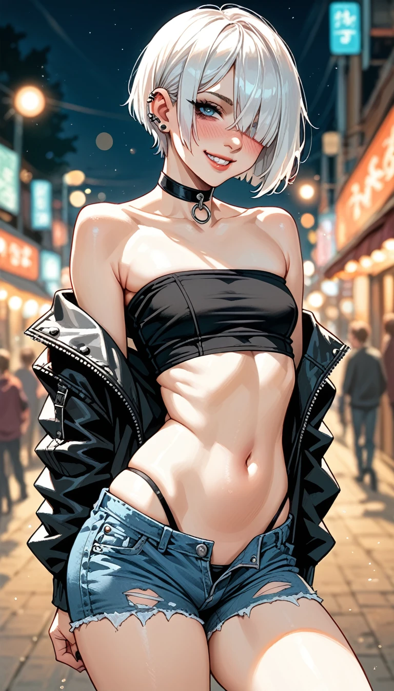 petite Goth girl, piercing, white hair, hair over one eye, tube top, sagging jacket, micro short ripped jeans, navel, small breast, big ass and thighs, choker, view from behind, looking at the camera, walk, arms around her boyfriend's arm, naughty smile, blushing, dramatic angle, blurry background, bokeh