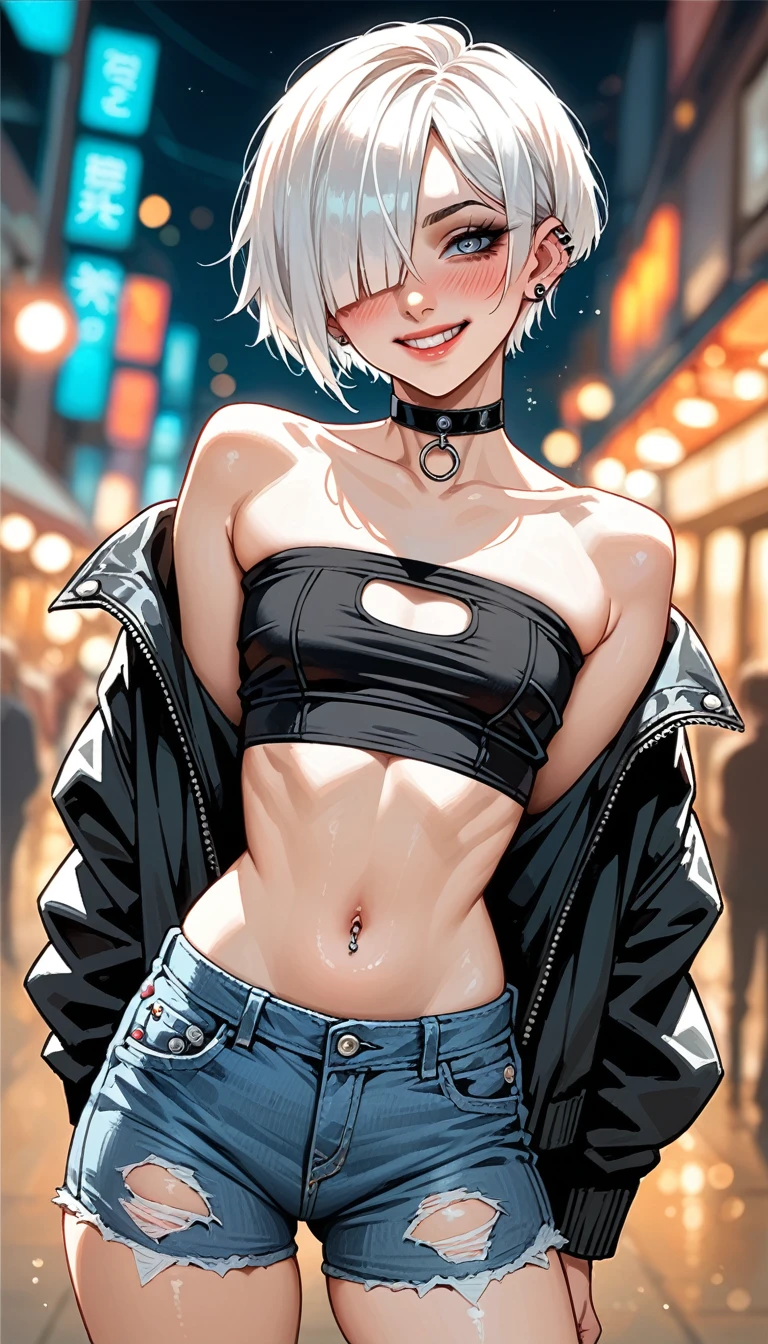 petite Goth girl, piercing, white hair, hair over one eye, tube top, sagging jacket, micro short ripped jeans, navel, small breast, big ass and thighs, choker, view from behind, looking at the camera, walk, arms around her boyfriend's arm, naughty smile, blushing, dramatic angle, blurry background, bokeh