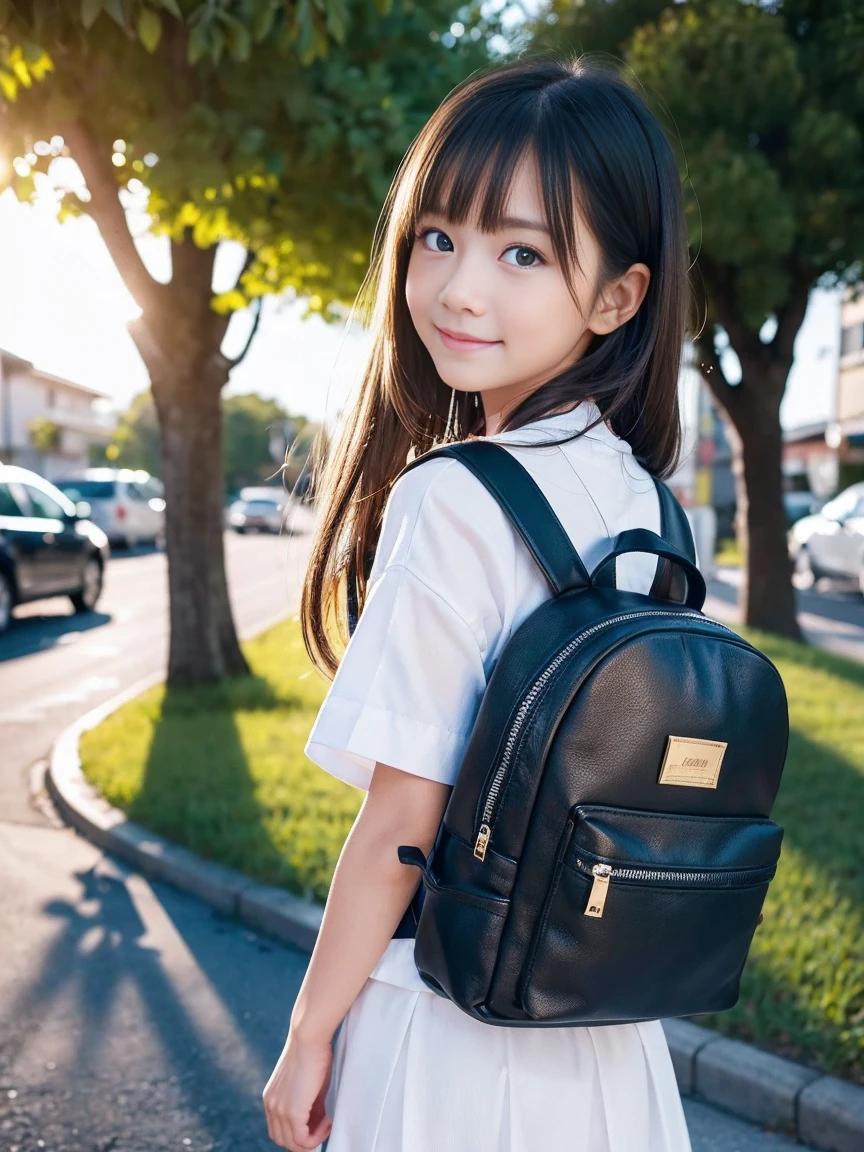 Masterpiece, hd, 1girl, best quality, brown hair, medium hair, smile, wear casual outfit, wearing black backpack, (backpack:1.2), outdoor, park