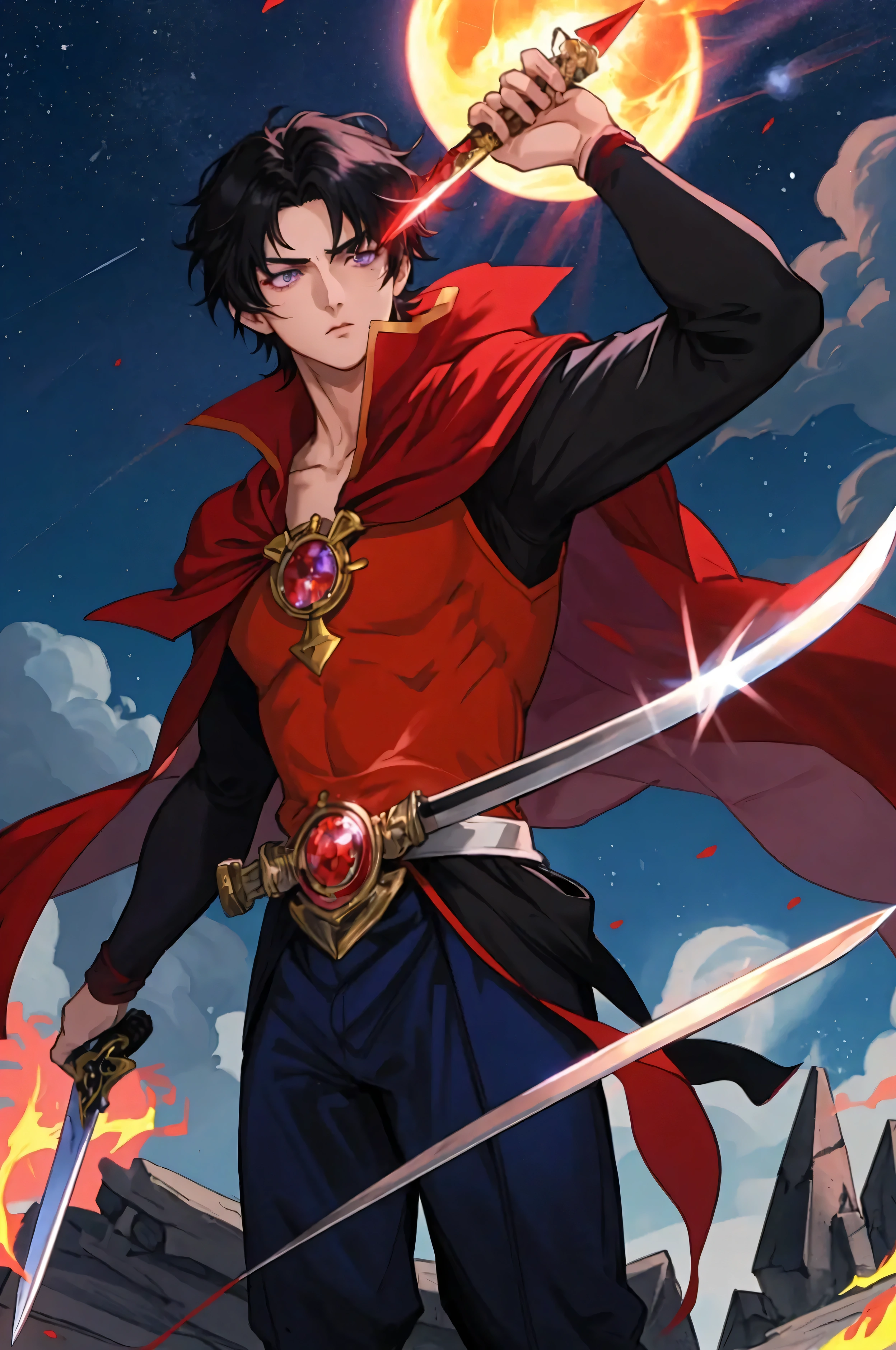 Realistic, anime guy. High. Black haired. short hair. Not too disheveled hair, Bright purple eyes. Very distinct eye color. light skin. red, bed red cape. Dark blue pants and a black T-shirt. with a sword. There is a red magic crystal on the blade of the sword.. Fire comes out of stone. Flames surround him. fairy tale atmosphere. Old Sailor Moon anime style