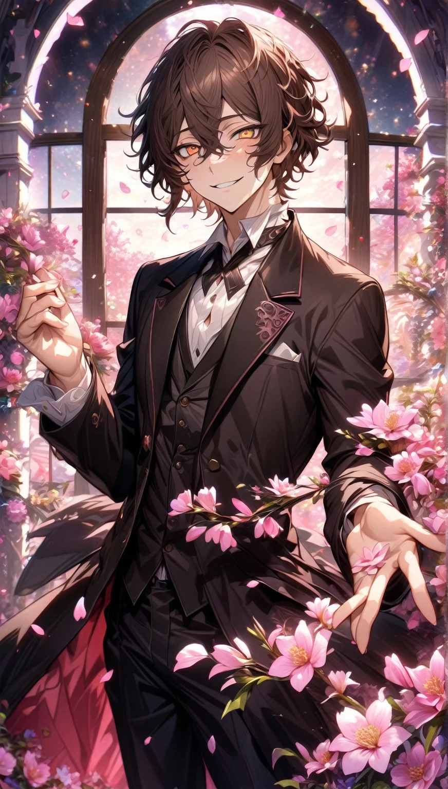 absurdres, highres, ultra detailed, HDR, master piece, Osamu Dazai, wavy brown hair, short hair, expressive brown eyes, sexy man, best quality, Bungou Stray Dogs, solo, sensual, handsome, petals, black coat, detailed face, glittering eyes, detailed eyes, window, accessories, pink flowers, pink starry sky, pink powers, black vest, handsome smile, manly man