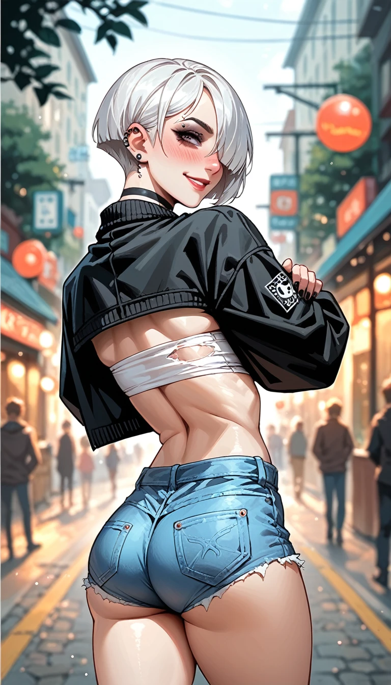 petite Goth girl, piercing, white hair, hair over one eye, tube top, sagging jacket, micro short ripped jeans, navel, small breast, big ass and thighs, choker, view from behind, looking at the camera, walk, ((arms around her boyfriend's arm)), naughty smile, blushing, dramatic angle, blurry background, bokeh