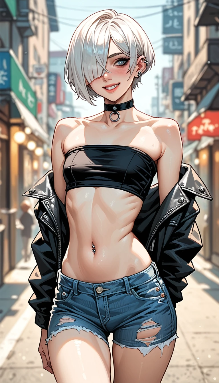 petite Goth girl, piercing, white hair, hair over one eye, tube top, sagging jacket, micro short ripped jeans, navel, small breast, big ass and thighs, choker, view from behind, looking at the camera, walk, ((arms around her boyfriend's arm)), naughty smile, blushing, dramatic angle, blurry background, bokeh