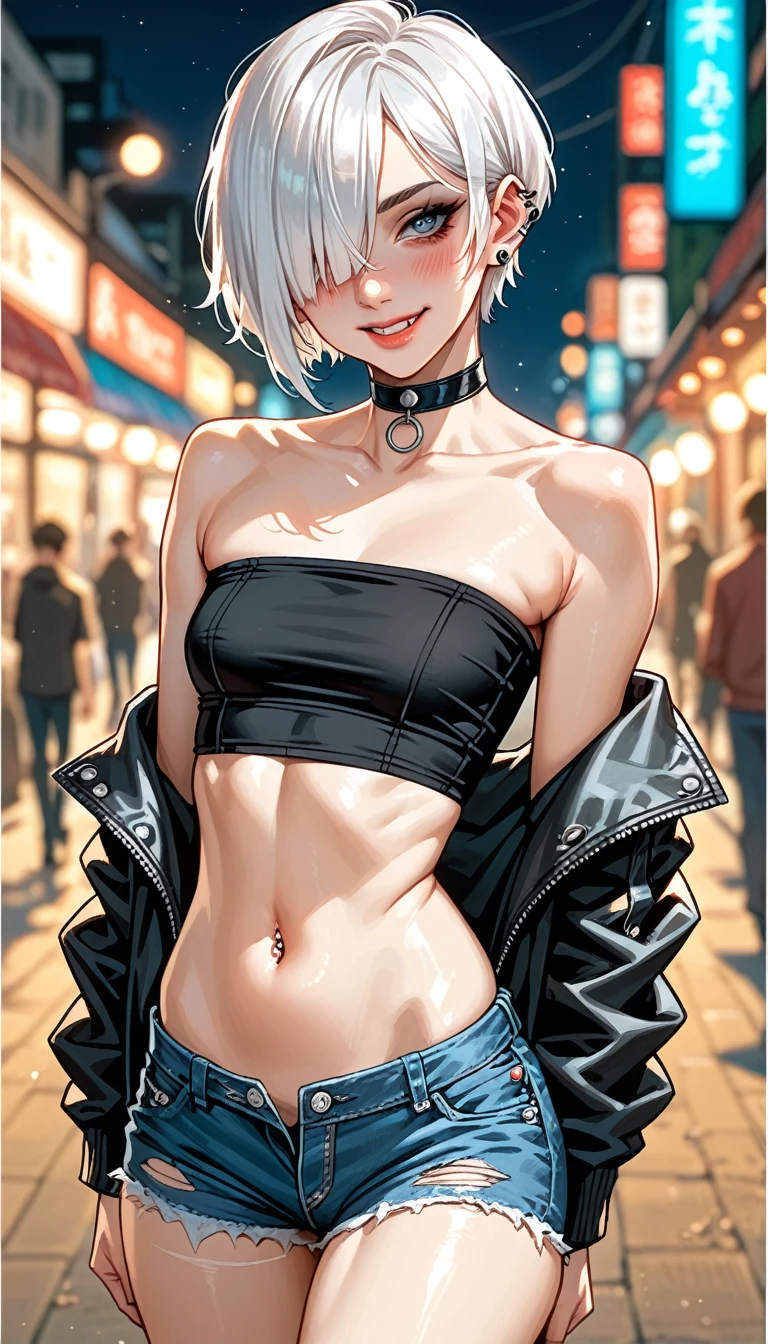 petite Goth girl, piercing, white hair, hair over one eye, tube top, sagging jacket, micro short ripped jeans, navel, small breast, big ass and thighs, choker, view from behind, looking at the camera, walk, ((arms around her boyfriend's arm)), naughty smile, blushing, dramatic angle, blurry background, bokeh