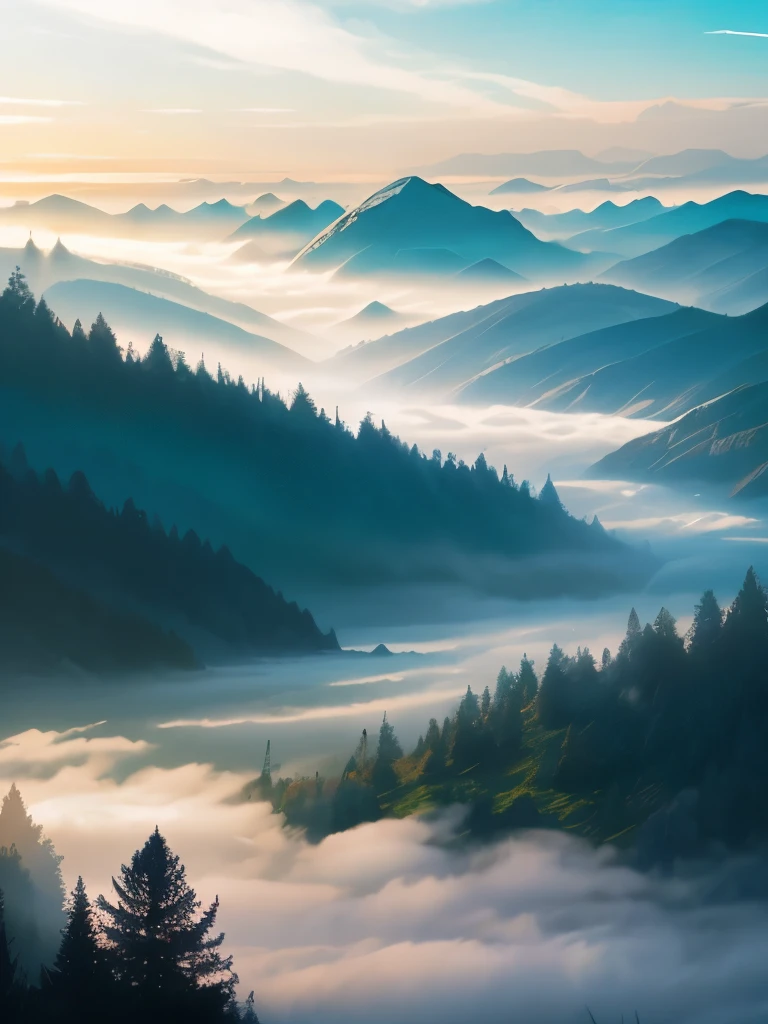 a view of a foggy valley with trees and mountains in the background, a matte painting by Neil Blevins, flickr, romanticism, blankets of fog pockets, misty mountains, extremely beautiful and ethereal, blanket of fog, valley mist, misty forest, mists, mist in valley, rolling fog, fog rolling in, stunning nature in background, misty and foggy, foggy forest