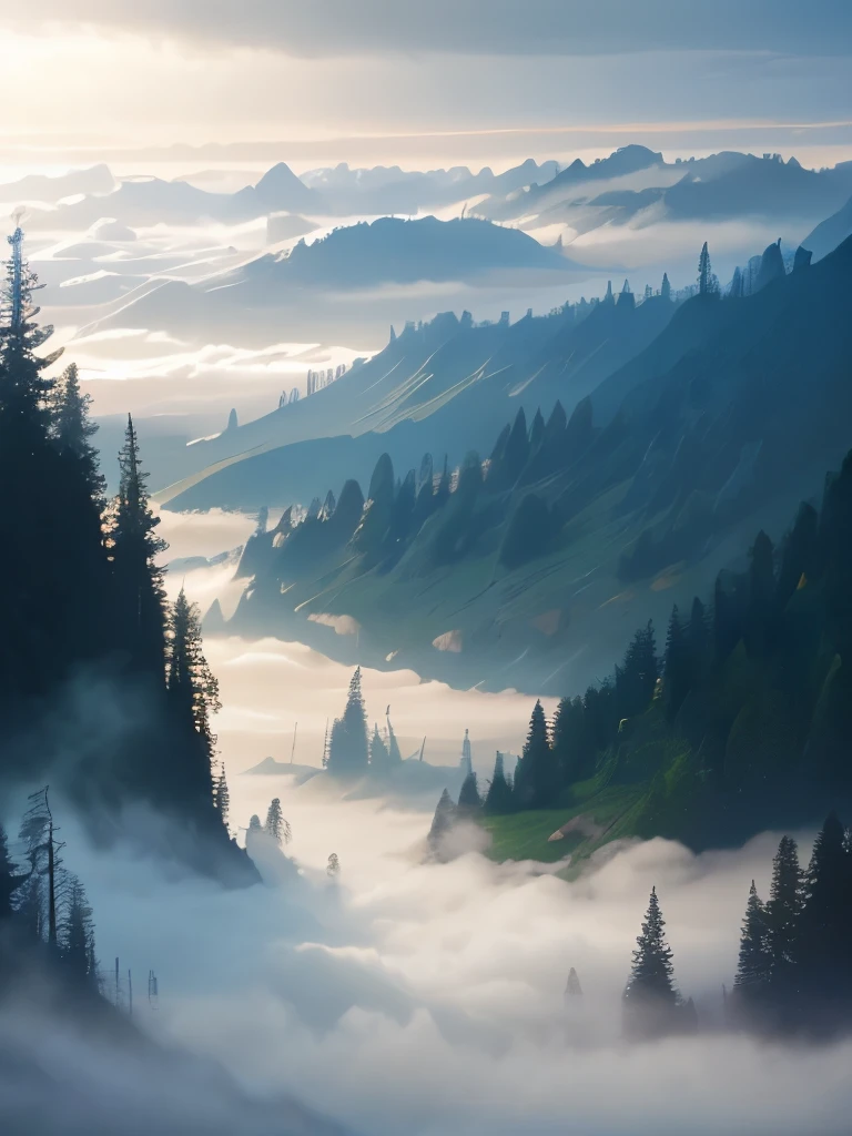 a view of a foggy valley with trees and mountains in the background, a matte painting by Neil Blevins, flickr, romanticism, blankets of fog pockets, misty mountains, extremely beautiful and ethereal, blanket of fog, valley mist, misty forest, mists, mist in valley, rolling fog, fog rolling in, stunning nature in background, misty and foggy, foggy forest