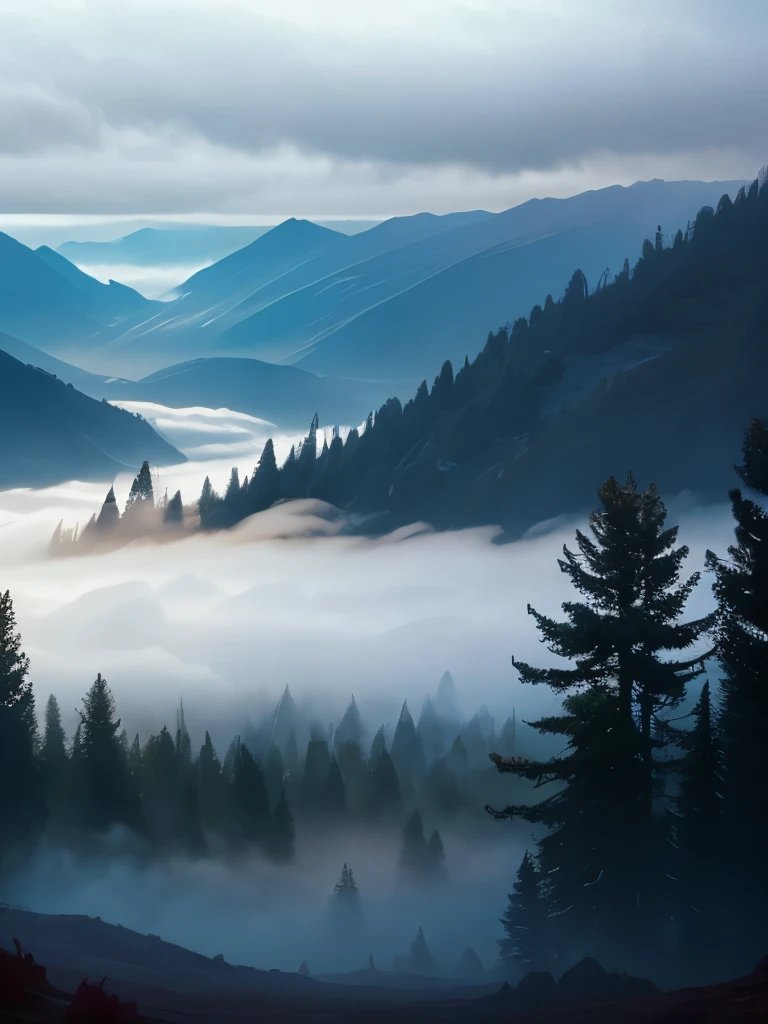 a view of a foggy valley with trees and mountains in the background, a matte painting by Neil Blevins, flickr, romanticism, blankets of fog pockets, misty mountains, extremely beautiful and ethereal, blanket of fog, valley mist, misty forest, mists, mist in valley, rolling fog, fog rolling in, stunning nature in background, misty and foggy, foggy forest