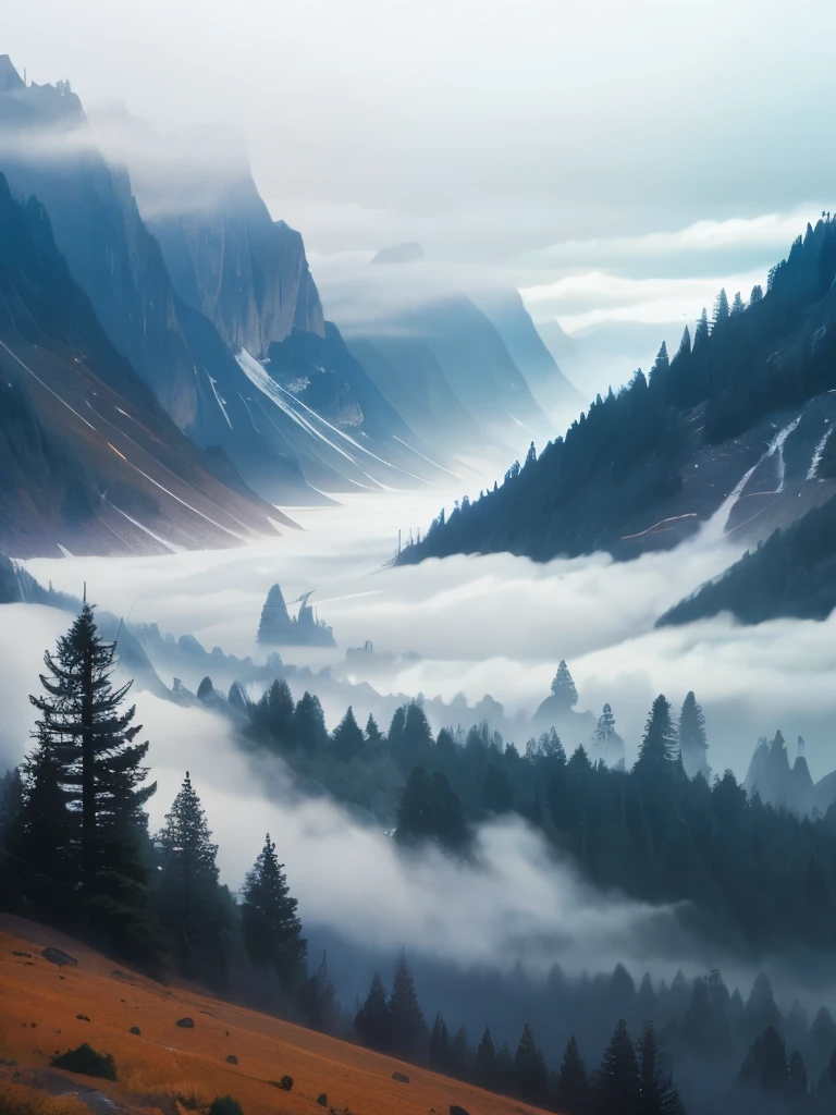 a view of a foggy valley with trees and mountains in the background, a matte painting by Neil Blevins, flickr, romanticism, blankets of fog pockets, misty mountains, extremely beautiful and ethereal, blanket of fog, valley mist, misty forest, mists, mist in valley, rolling fog, fog rolling in, stunning nature in background, misty and foggy, foggy forest