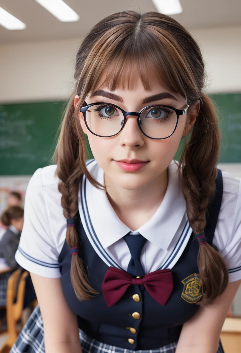 little sexy and beautiful schoolgirl with glasses just came home from school dressed as a with blonde hair perfect face maximum quality