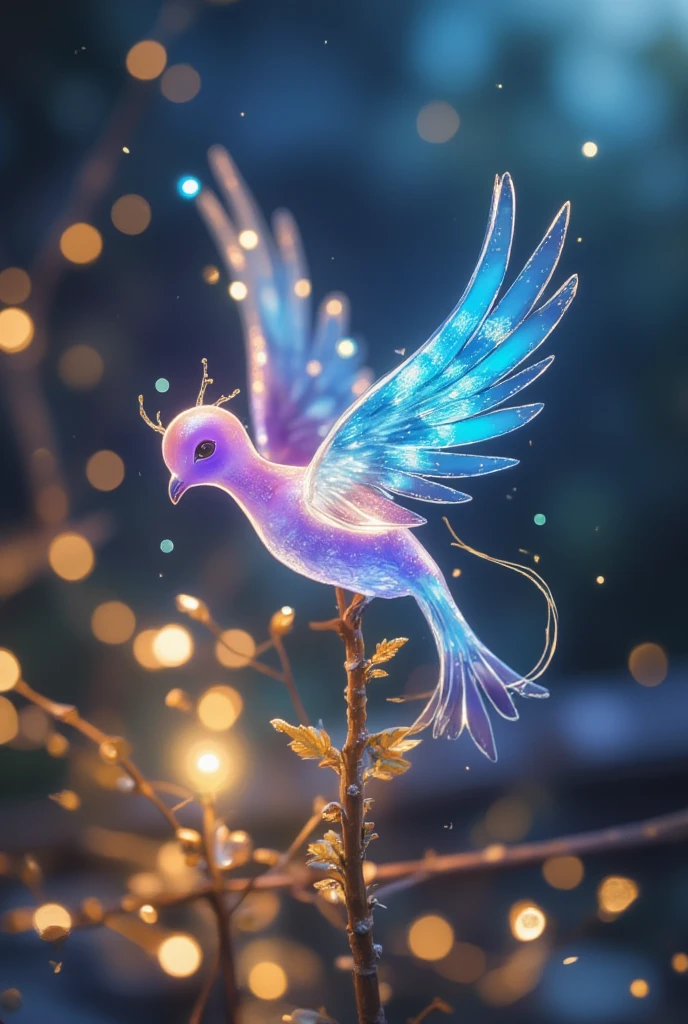 Create an ethereal, luminous bird with fluorescent feathers in shades of blue, purple, and white, perched on slender, swirling branches. The bird should have an otherworldly glow, with its body and wings glowing, giving it a magical feel of, celestial bodies appear. Surround the birds with a dreamy, cosmic background featuring bright colors such as deep blues, violets, and oranges. Incorporating swirls, thin clouds and light trails give a sense of movement and illusion feeling. Add subtle sparkles and glowing orbs to enhance the mysterious atmosphere. The overall composition should be whimsical, enchanting, and filled with a sense of wonder and serenity.