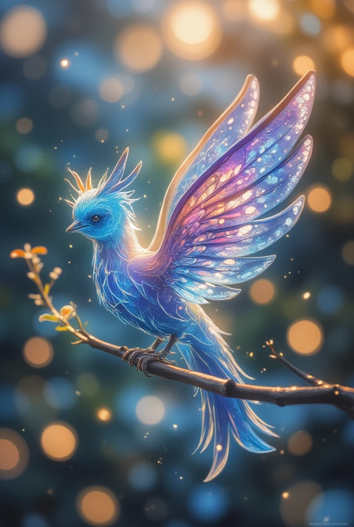 Create an ethereal, luminous bird with fluorescent feathers in shades of blue, purple, and white, perched on slender, swirling branches. The bird should have an otherworldly glow, with its body and wings glowing, giving it a magical feel of, celestial bodies appear. Surround the birds with a dreamy, cosmic background featuring bright colors such as deep blues, violets, and oranges. Incorporating swirls, thin clouds and light trails give a sense of movement and illusion feeling. Add subtle sparkles and glowing orbs to enhance the mysterious atmosphere. The overall composition should be whimsical, enchanting, and filled with a sense of wonder and serenity.