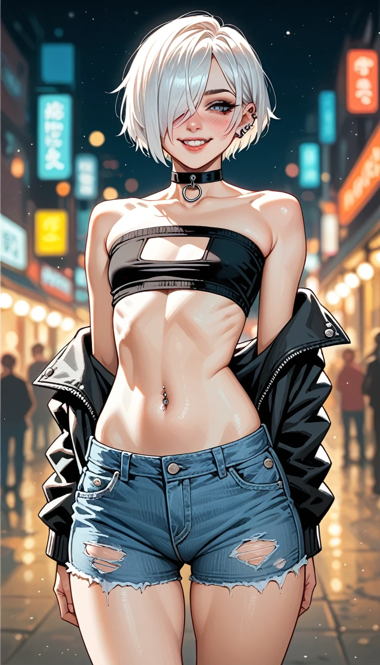 petite Goth girl, piercing, white hair, hair over one eye, tube top, sagging jacket, micro short ripped jeans, navel, small breast, big ass and thighs, choker, view from behind, looking at the camera, ((walk with her boyfriend)), naughty smile, blushing, dramatic angle, blurry background, bokeh