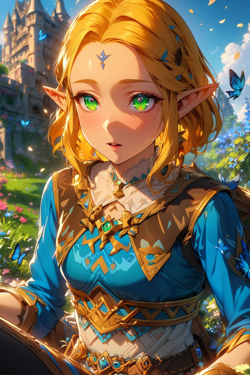 absurdres, highres, ultra detailed, HDR, master piece, Zelda, blonde hair, expressive green eyes, woman sitting, best quality, The Legend Of Zelda (Breath Of The Wild), solo, sensual, extremely beautiful, petals, blue clothes, detailed face, glittering eyes, detailed eyes, garden, accessories, blue butterflies, pointy ears, castle