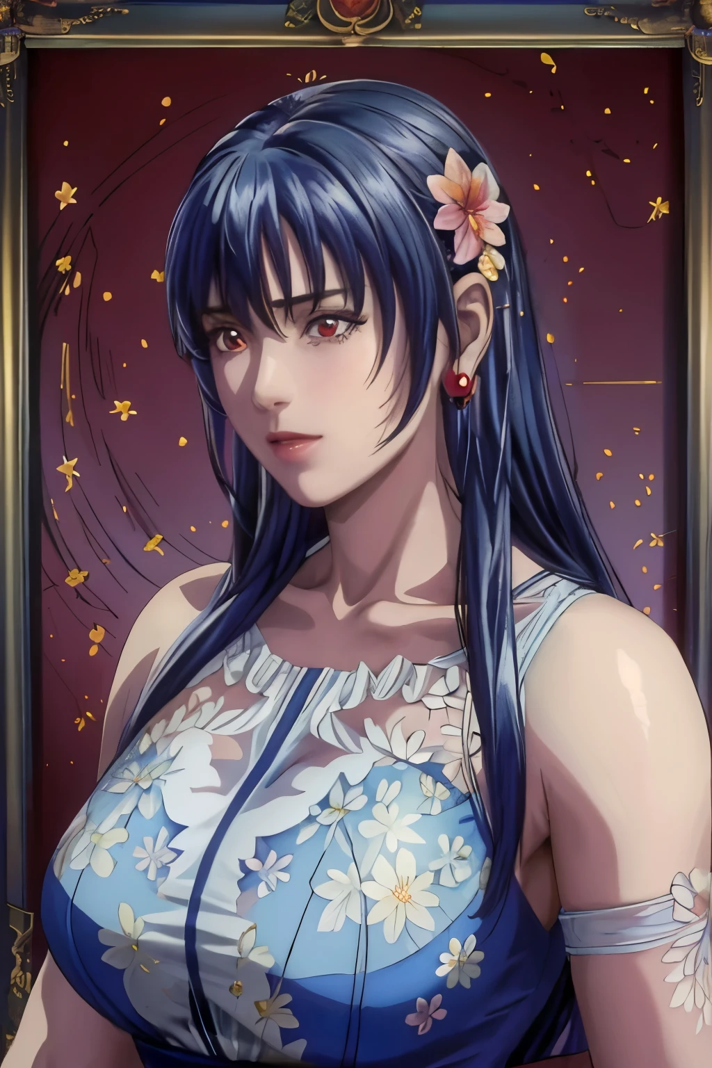 (​masterpiece, top-quality, top-quality, Official art, Beautifully Aesthetic:1.2), red eyes, (highest quality, masterpiece painting:1.3), immature woman, , (half body shot), masterpiece, ultra high resolution, (((Flower frame, A lot of flowers in the frame, round frame, A beautiful girl fits into the frame))), Decorative panel, abstract art, (shot from a side angle), (Photoreal:1.0), ((dark blue hair)),straight hair, beautiful shining hair, white and shining skin, Painterly, sketch, Texture, 超A high resolution, solo, Beautuful Women, A highly detailed, (Fractal Art:1.1), (colourfull:1.1), (florals:1.6), The most detailed, (Zentangle:1.2), (Dynamic Poses), (Abstract background:1.3), (shinny skin), (Many colors:0.8), (earrings:1.4), (pluma:0.9), Taisho romance