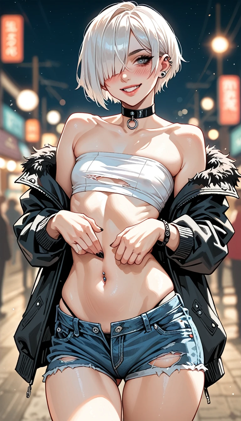 petite Goth girl, piercing, white hair, hair over one eye, tube top, sagging jacket, micro short ripped jeans, navel, small breast, big ass and thighs, choker, view from behind, looking at the camera, ((walk with her boyfriend)), (put her arms around her boyfriend's arm), naughty smile, blushing, dramatic angle, blurry background, bokeh