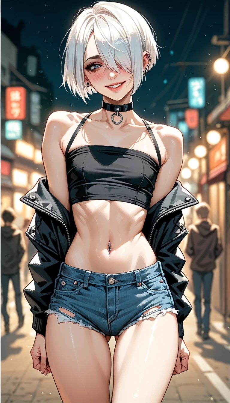 petite Goth girl, piercing, white hair, hair over one eye, tube top, sagging jacket, micro short ripped jeans, navel, small breast, big ass and thighs, choker, view from behind, looking at the camera, ((walk with her boyfriend)), (put her arms around her boyfriend's arm), naughty smile, blushing, dramatic angle, blurry background, bokeh