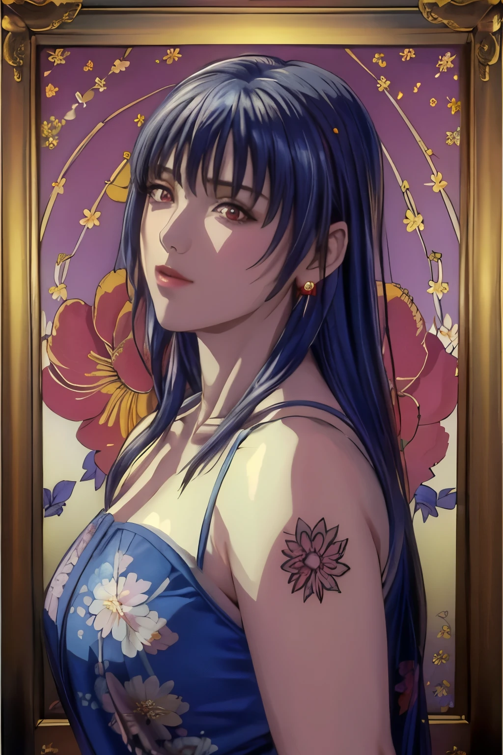 (​masterpiece, top-quality, top-quality, Official art, Beautifully Aesthetic:1.2), red eyes, (highest quality, masterpiece painting:1.3), immature woman, , (half body shot), masterpiece, ultra high resolution, (((Flower frame, A lot of flowers in the frame, round frame, A beautiful girl fits into the frame))), Decorative panel, abstract art, (shot from a side angle), (Photoreal:1.0), ((dark blue hair)),straight hair, beautiful shining hair, white and shining skin, Painterly, sketch, Texture, 超A high resolution, solo, Beautuful Women, A highly detailed, (Fractal Art:1.1), (colourfull:1.1), (florals:1.6), The most detailed, (Zentangle:1.2), (Dynamic Poses), (Abstract background:1.3), (shinny skin), (Many colors:0.8), (earrings:1.4), (pluma:0.9), Taisho romance