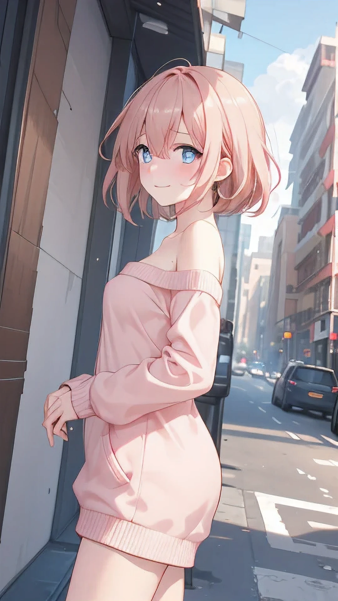 1girl, romantic academia, (masterpiece, best quality, ultra-detailed:1.2), 20yo, short, slender body, pale skin,
big eyes, droopy eyes, (cobalt blue eyes:1.1), light brown hair, {shoulder length hair:1.1}, hairs between eyes, BREAK,
salmon pink sweater dress, bandeau top, long sleeve,
happy, closed mouth, embarrassed, BREAK,
in the morning, in the city, on the street, 
walking, looking away, cowboy shot, from side, dynamic angle