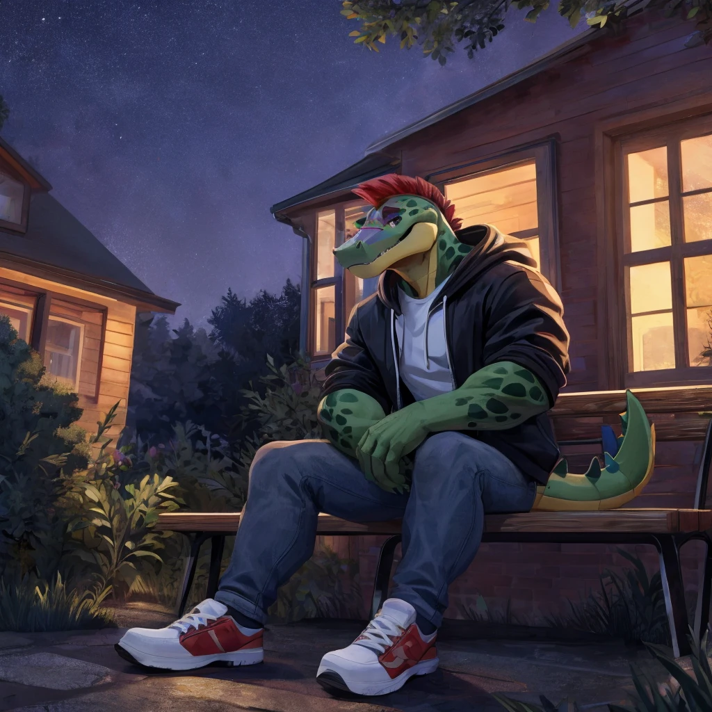 A nighttime scene outside a suburban house, with Montgomery Gator sitting casually on a wooden bench. He's dressed in modern streetwear: a dark hoodie, ripped jeans, and trendy sneakers. Montgomery is holding a smartphone in his hand, its glow softly illuminating his face and reflecting in his sharp, reptilian eyes. His posture is relaxed, one leg crossed over the other as he concentrates on the phone screen. In the background, soft light spills from a window of the house, and the shadows of trees and shrubs frame the scene, enhancing the nighttime atmosphere.