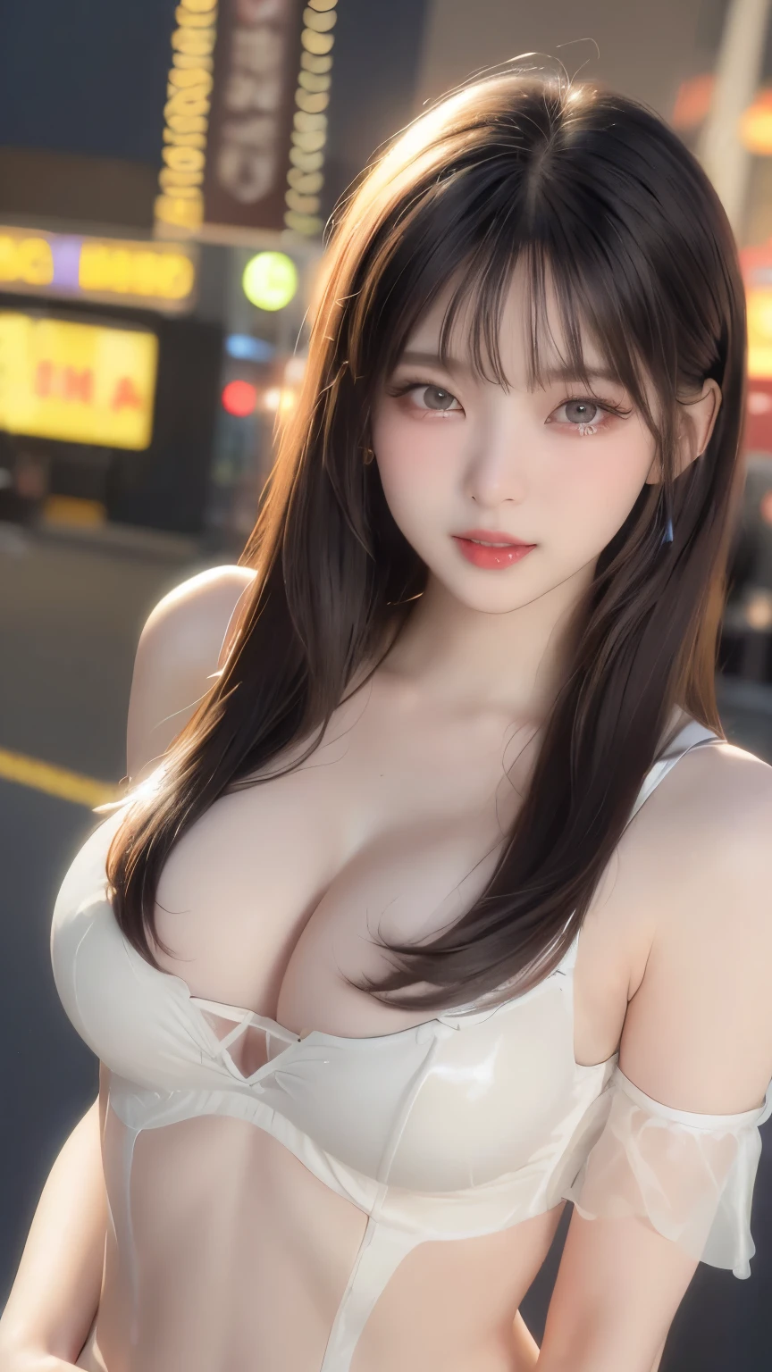 (8k, RAW Photos, Best Quality, masterpiece: 1.2)、Surreal、super high quality、Cinema Lighting、((Big Breasts:1.5))、High resolution、 Painting、(Fluorescent color:1.4)、(translucent:1.4)、(retro filter:1.4)、(Fantasy:1.4)、Sexy Fashion Girl、dreamの少女、Cowboy Shot、A balanced body、Tight sexy dress、I can see my belly button、Revealing clothing、かわいいsmile、Candy World、 fun、happy、Fantasy、 dream、Fluffy、wind、 やわらかいwind景、 pastelピンク、 pastelブルー、 Shine、 Fantasyな光、Bright light、 pastel、 Unusual Light、 ダイヤモンドのShine、Tabletop、((Upper body photo shoot:1.4))、Very detailed、Super Resolution、Natural color lip、Lip gloss、Heavy eye makeup、Long eyelashes、smile、Straight Hair、(Night view:１.2)、(Dynamic and sexy pose:1.2)、(Gorgeous design:1.2)、(((Blurred Background:1.5、Cinema Lighting、Professional photographer)))