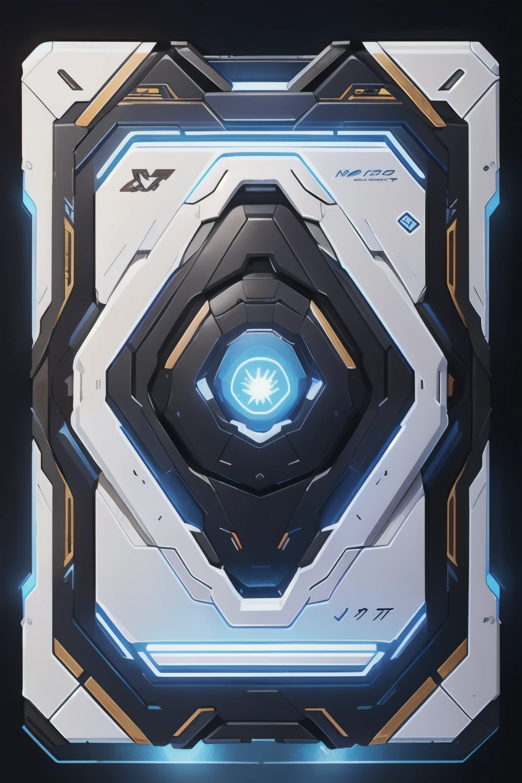 Concept Art, Game Cards, Sci-fi style cards, Relief, No_Human, _novel, boundary, , black_boundary, glow, Solitary, from_more than, White mecha, close up,