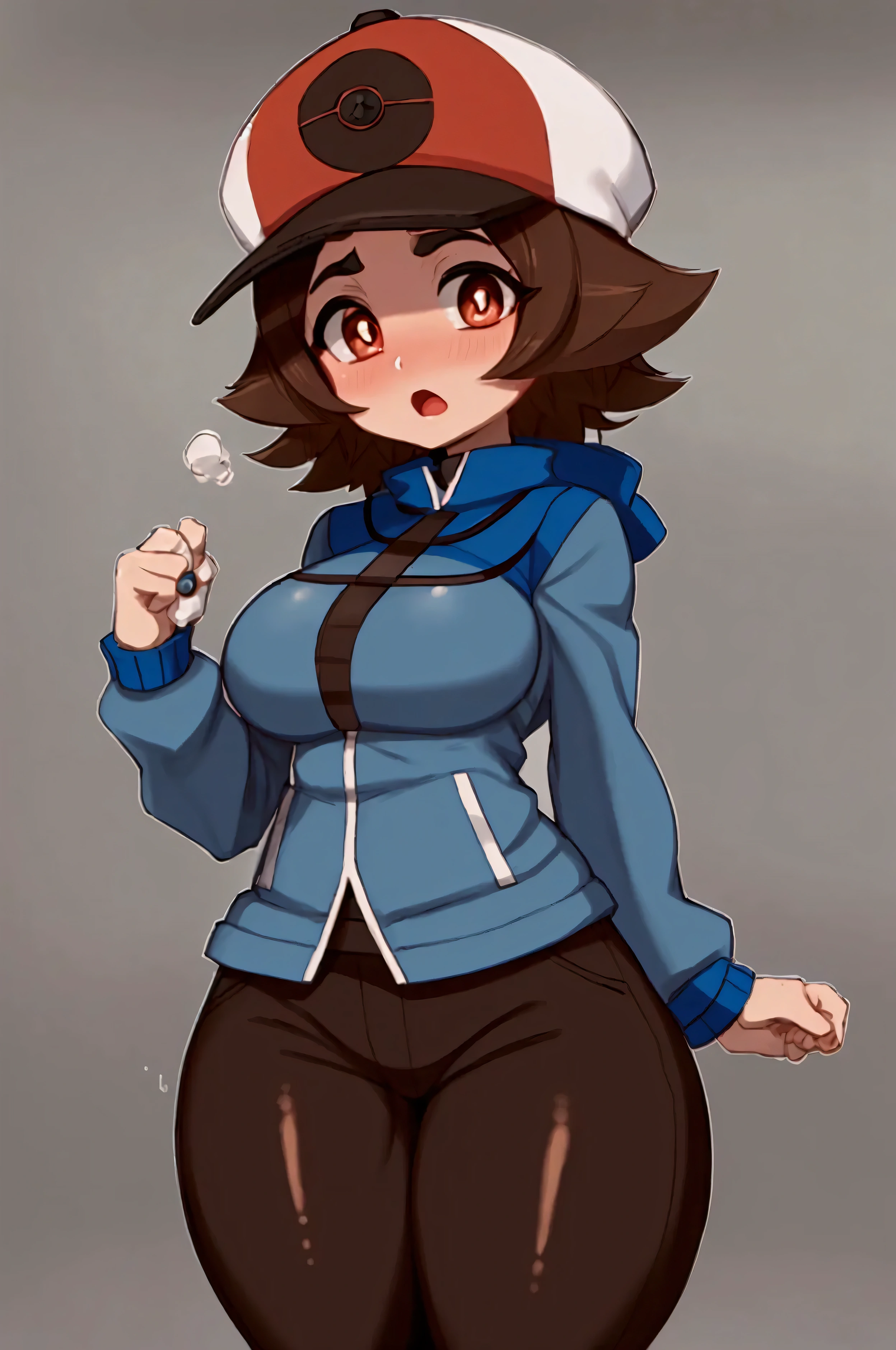 ((masterpiece, best quality)), 1girl, Hilbert (\pokemon\), large breasts, black pants, brown hair, jacket, (blue jacket), brown eyes, baseball cap, (red hat), short hair, wide eyes, round eyes, thick thighs, :O, O_O, flustered, ((scared)), shocked, ((wide eyed)), android, short hair, (big eyes:1.5), blush, smoke, android, mechanical parts, sparks, ((cross-eyed)), ((constricted pupils)),