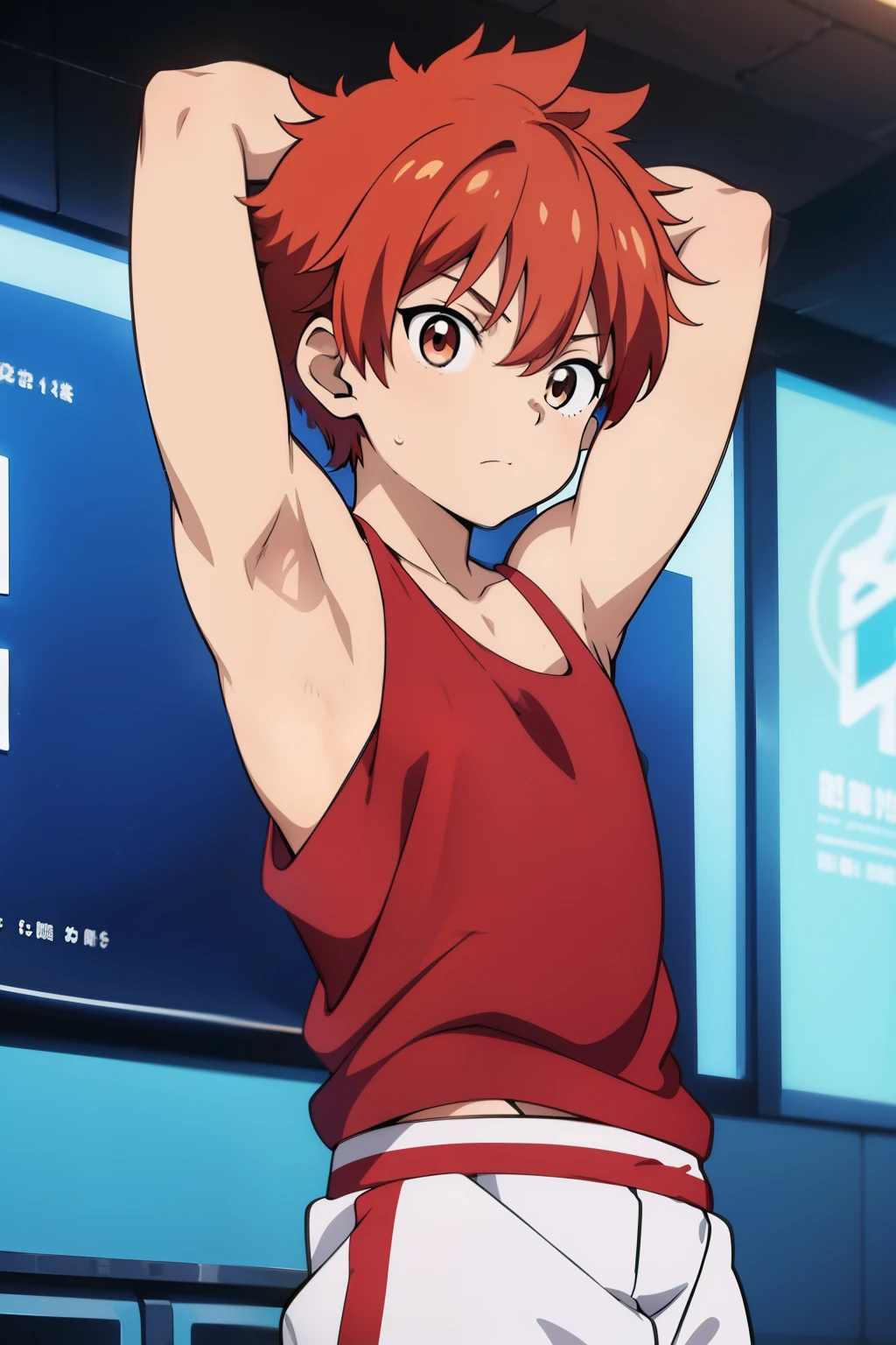 Highres, Masterpiece, Best quality at best,Best Quality,hight quality, hight detailed, Anime style, Anime screencap Style, 1boy, Boy, Shota, Solo person, hansome, Red hair, Messy hair, earring, Tank top, Upper body, Summer day, Laugh, Slim body, Blurry beckground, Seen from the front, (Showing armpit:1.4), (very young boy), (very small and short body), bokeh, Uhd