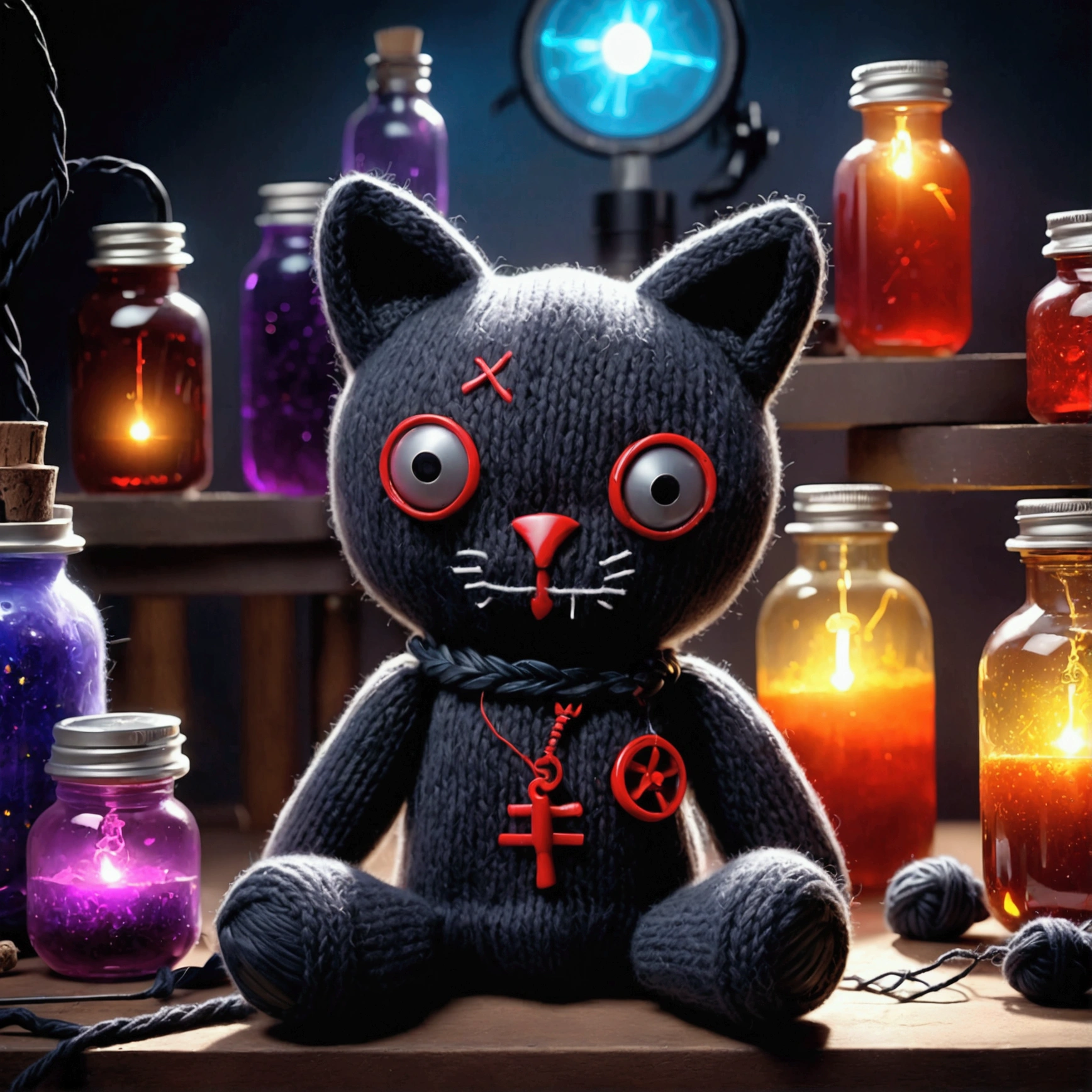 (knitted toy voodoo doll:1.8), (voodoo mouse:1.2), (in a secret lab:1.3), (clothing: tiny lab coat with glowing chemical patterns:1.0), (accessories: enchanted beaker emitting sparks of experimental magic, levitating spectral potions: 1.1), (background: mysterious lab with hovering test tubes, glowing apparatus and spectral scientists:1.2), best quality, masterpiece, detailed soft oil painting, detailed background, dramatic cinematic lighting, soft edge lighting, professional, dramatic lighting, hard edge lighting, ultra quality, 4k,masterpiece, best quality, 8k, ultra highres, highres, extremely detailed