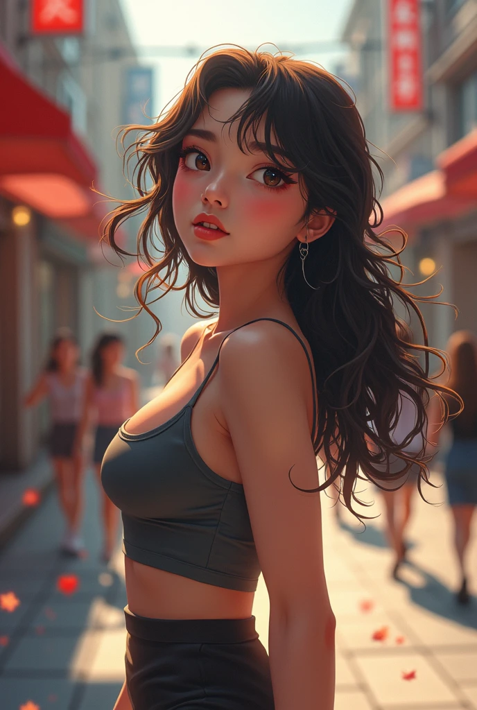 art by samdoesarts style, girl, solo, shirt, looking at you, face,midriff, perfect, flowers