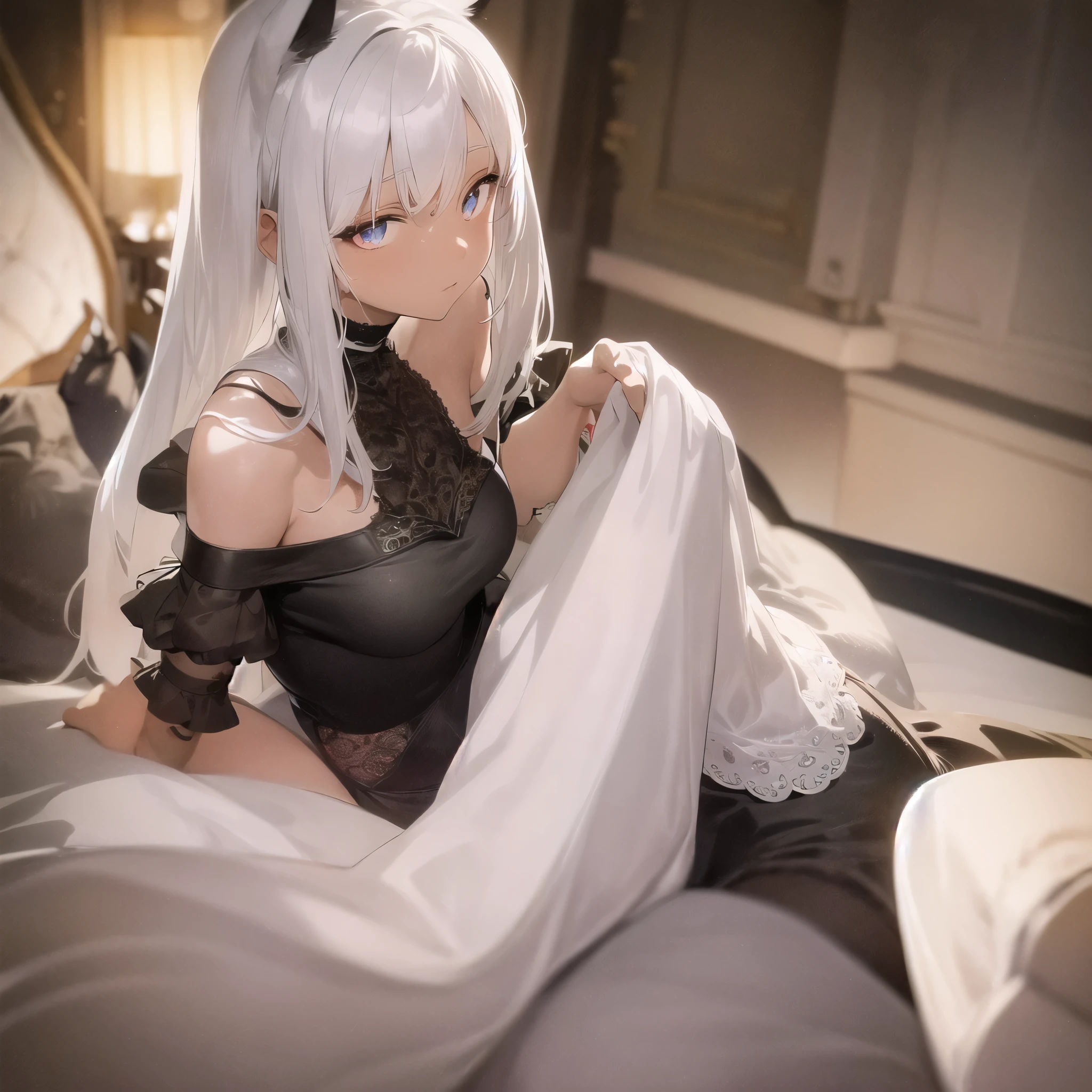 On all fours、crawl on all fours、Semi-long hair、Light silver hair、Pale purple eyes、Blushing、Small breasts、Small breasts、、Blushing、Random underwear、Random erotic poses、Bedroom、On the bed、Sexy expression、、Glamorous expression、M-shaped spread legs、Glamorous expression、