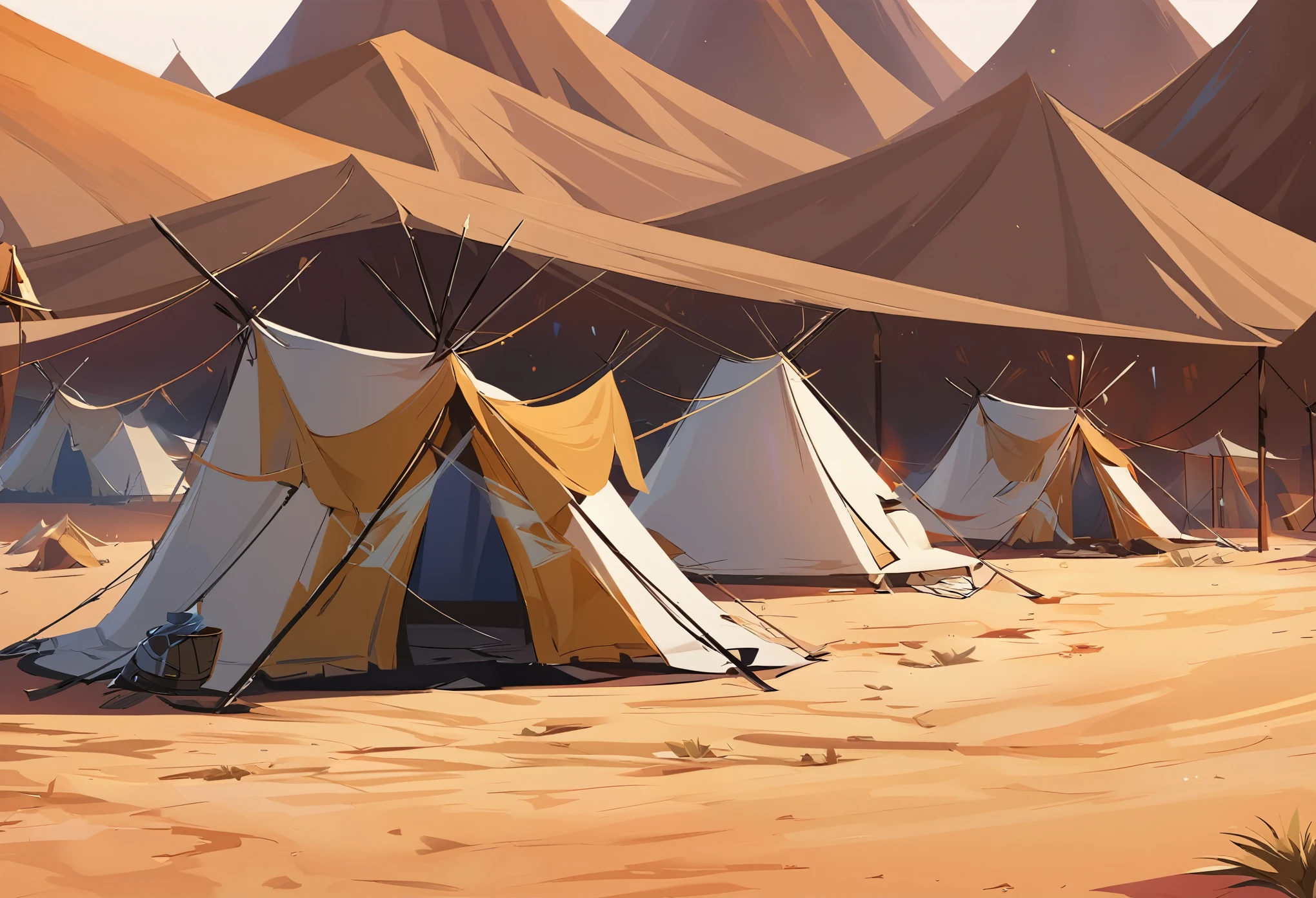 Tribe camp in savanna desert, tents close-up, landscape art