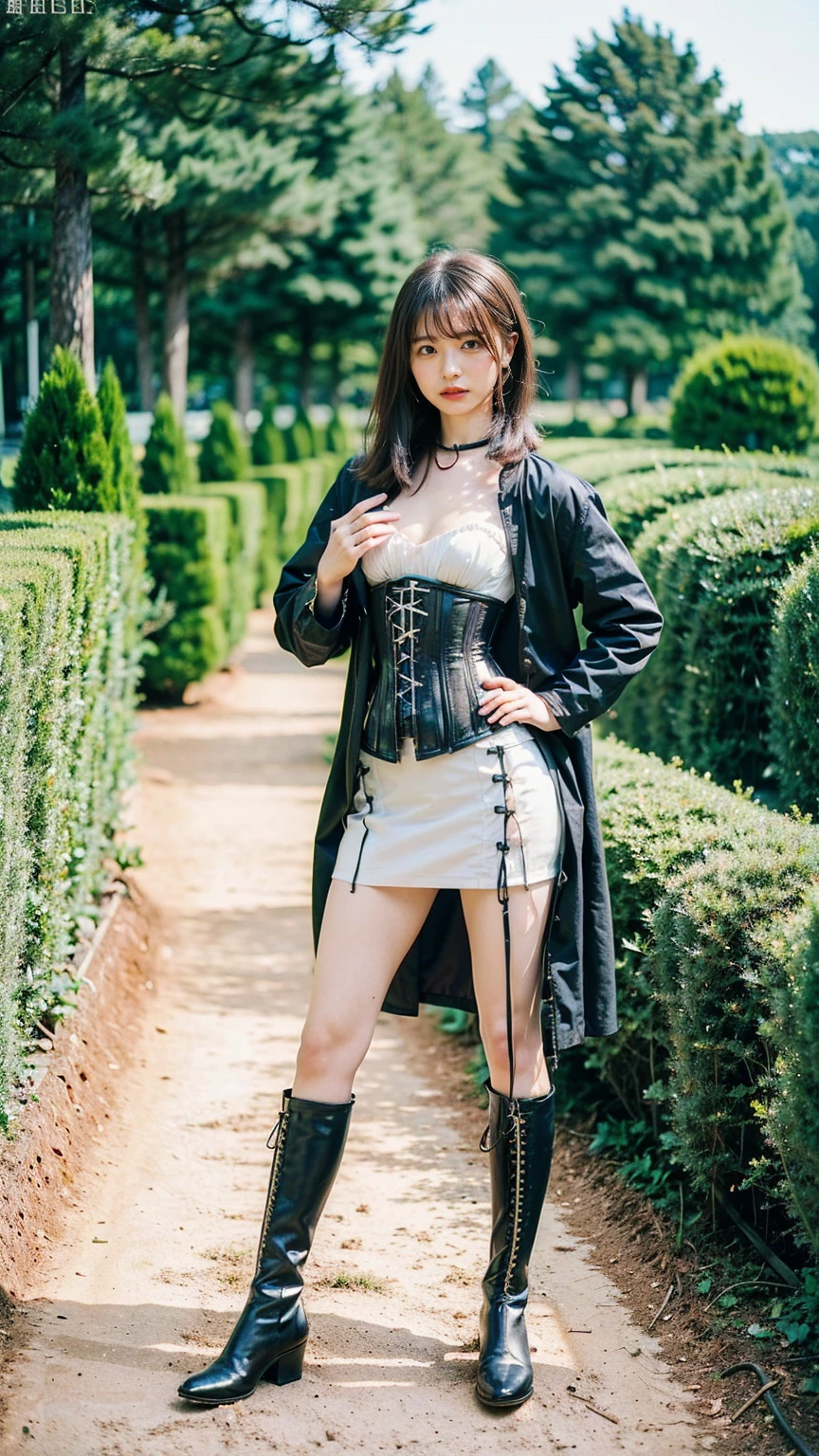 (8k、RAW Photos、Best Quality、masterpiece:1.2)、(Realistic、Realistic)、1 person、((dress、Check jacket、Medium Hair、corset、black long skirt、Thin legs、boots、View from the front、Looking into the camera、garden、Stand with hands on hips))、cute