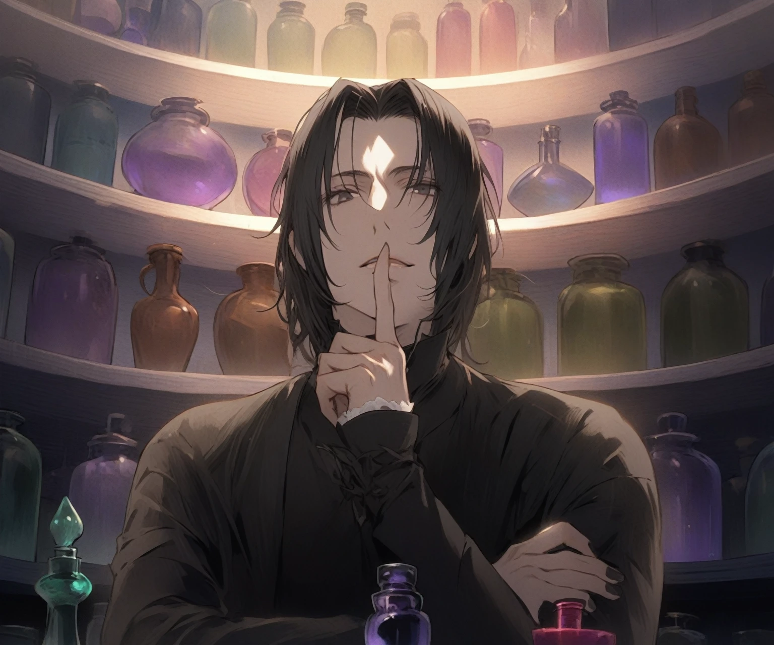 anime man in a bar with a lot potion bottles, severus snape, he is in a alchemist lab, in the anime series ergo proxy, apothecary, a wizard's apothecary, he is in the potions workshop, handsome, charming, seductive, looking at viewer