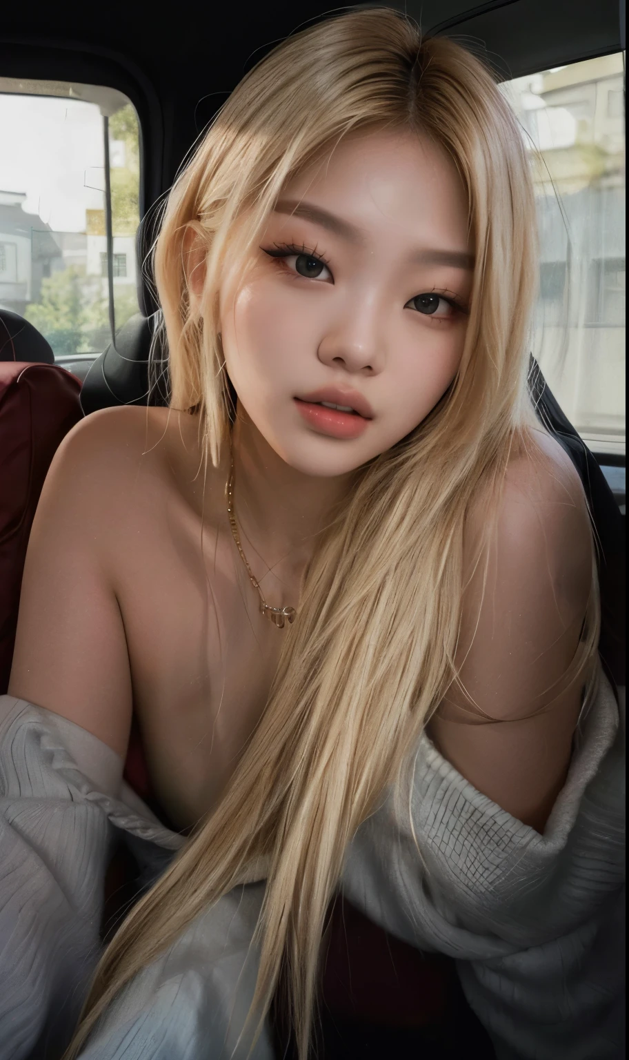 Korean celebrity, long blonde hair, topless, thin body, public street