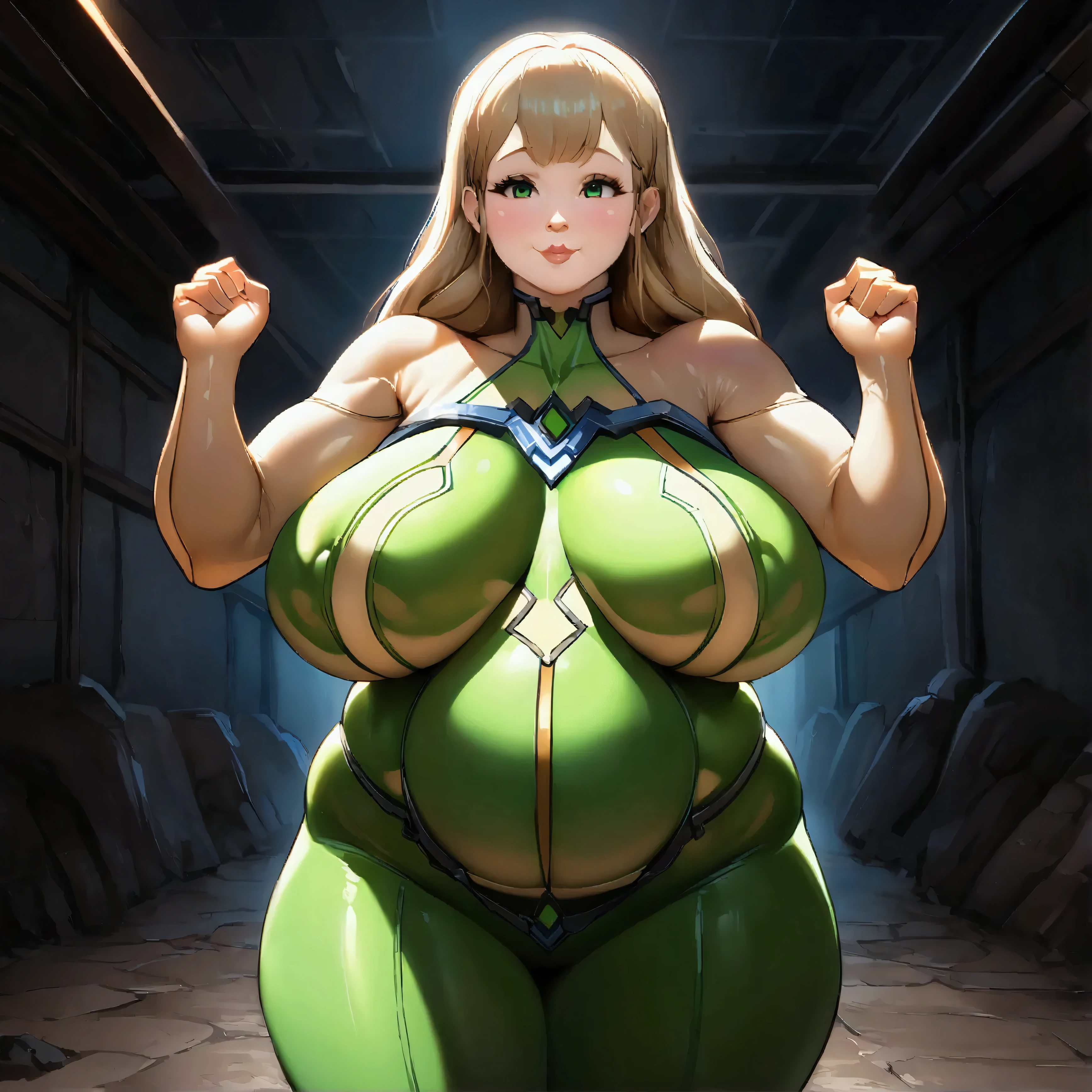 Eve from stellar blade wearing a skinbodysuit, Revealing bodysuit, , soft fat torso, long skinny legs, ruined sewer background, light shafts in the darkness, soft belly rub, hugh definition, extreme details, green skinbodysuit, cute and happy emotions, , () (fat arms), (double chin) ,(( undersized top)), (hands holding up huge breasts) (realistic anime style)