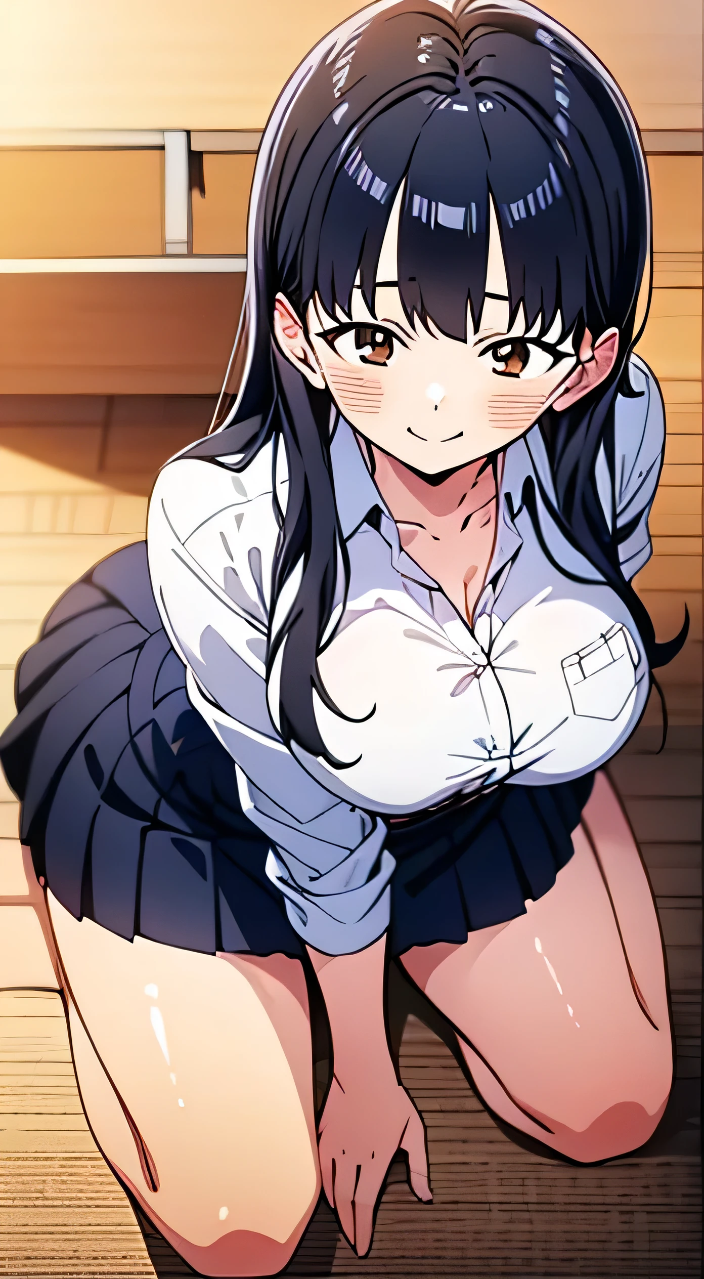 , (Spread your legs)、 (White panties), high school girl, Blue Uniform、Mini Skirt Police、White shirt, sunny, Mature Woman, Anime Cel Style, Highest quality, High resolution, One Girl, (Large Breasts:1.2), Beautiful Face, Beautiful fingers, Beautiful long legs, Beautiful body, Beautiful Nose, Beautiful character design, Black Hair, bangs, Maorilan, Show Viewer, Cowboy Shot, blush、Embarrassed look、Nipples are visible、 