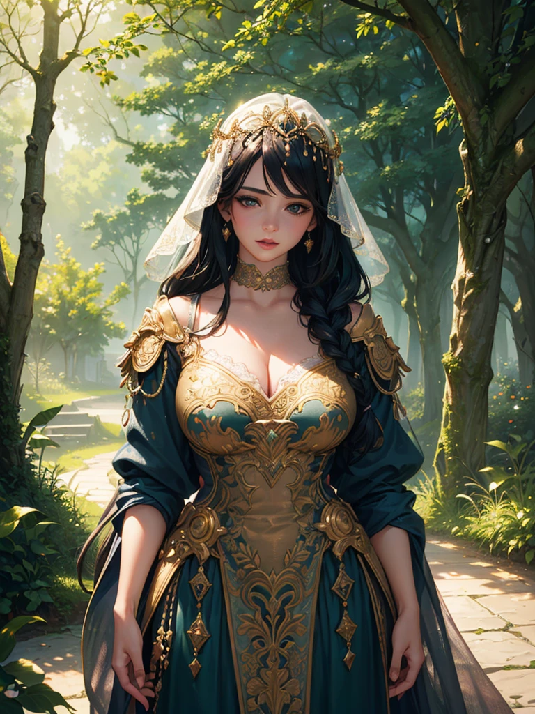 ((anime artstyle)),(Masterpiece),(Best Quality), (Super Detail),((Very Delicate and Beautiful)),cinematic lighting,1 girl,((full body portrait)),((standing in garden)),((solo)),(((1 fairytale princess in gorgeous embroidery and jeweled extremely gorgeous rococo princess ballgown with voluminous full length hoop skirt))),an hourglass waist,padded and corseted bodice,(((huge crinoline hoopskirt))),long train,((gorgeous embroidery and jeweled)),voluminous frills,See-through,(((extremely gigantic tits,skindentation))),cleavage,((absurdly Long Straight Hair,extremely voluminous Straight long Hair,absurdly Long Straight Hair)),(finely detailed face and eyes),clear pupil,extremely gorgeousfull hair ornament,(bling-bling jeweled extremely gorgeousfull tiara),((bling-bling gorgeous gemstone jewelry)),gorgeous long veil,((ultra long gloves)),(beautiful background),(full body),((gorgeous embroidery and jeweled extremely gorgeous rococo princess ballgown with voluminous full length hoop skirt))